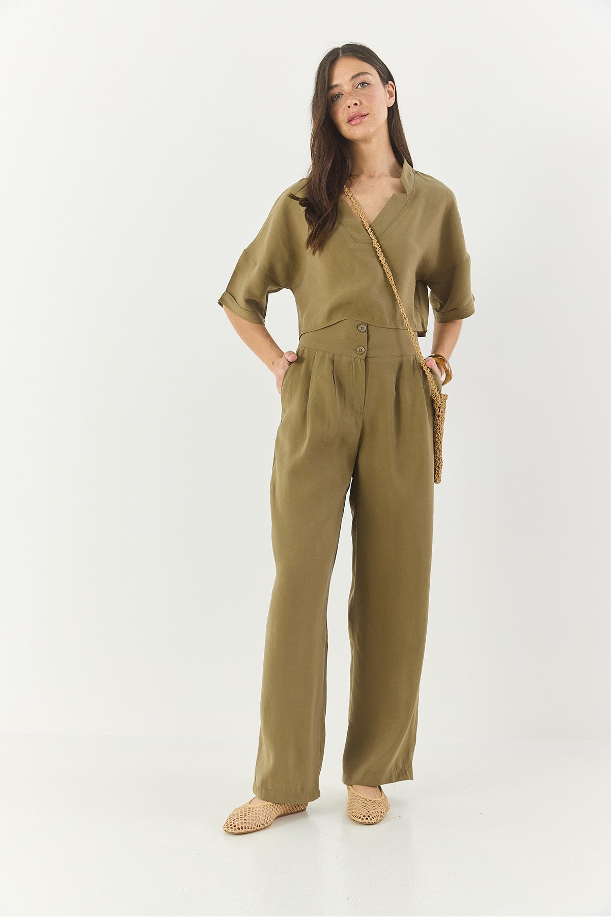 Women's V-Neck Blouse with High Waist Trousers Modal Bottom-Top Set 9330 60281052