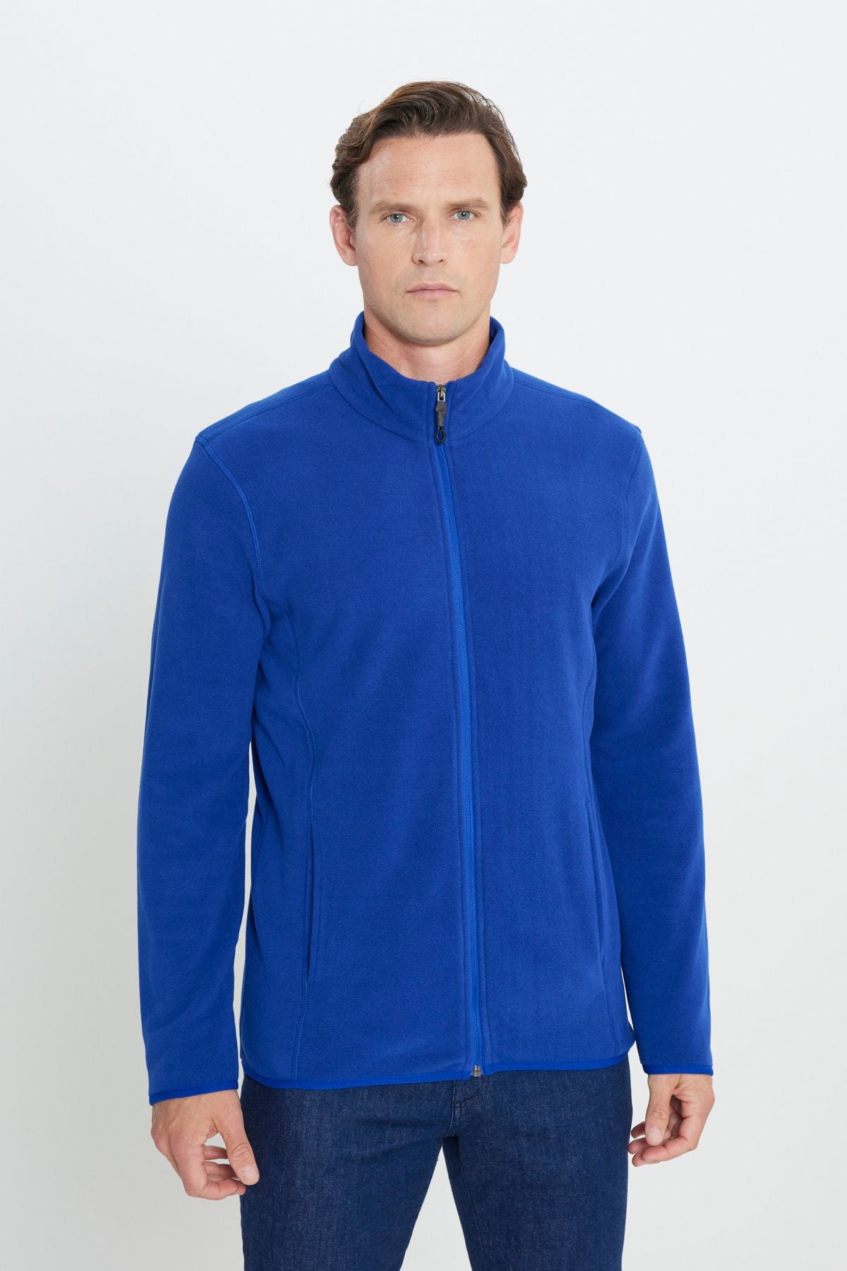 Men's Saks Blue Anti-Pilling Standard Fit Bato Yaka Sweatshirt Polar Jacket