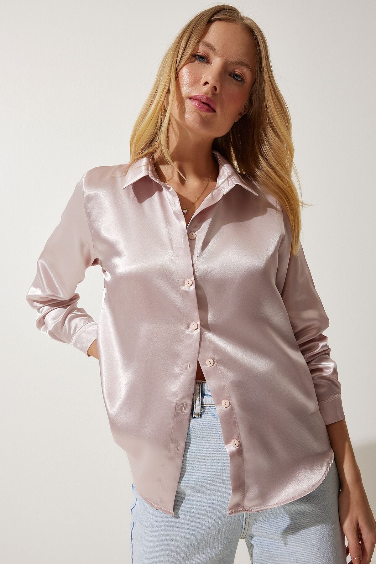 Woman Powder Lightly Draped Satin Surface Shirt DD00990