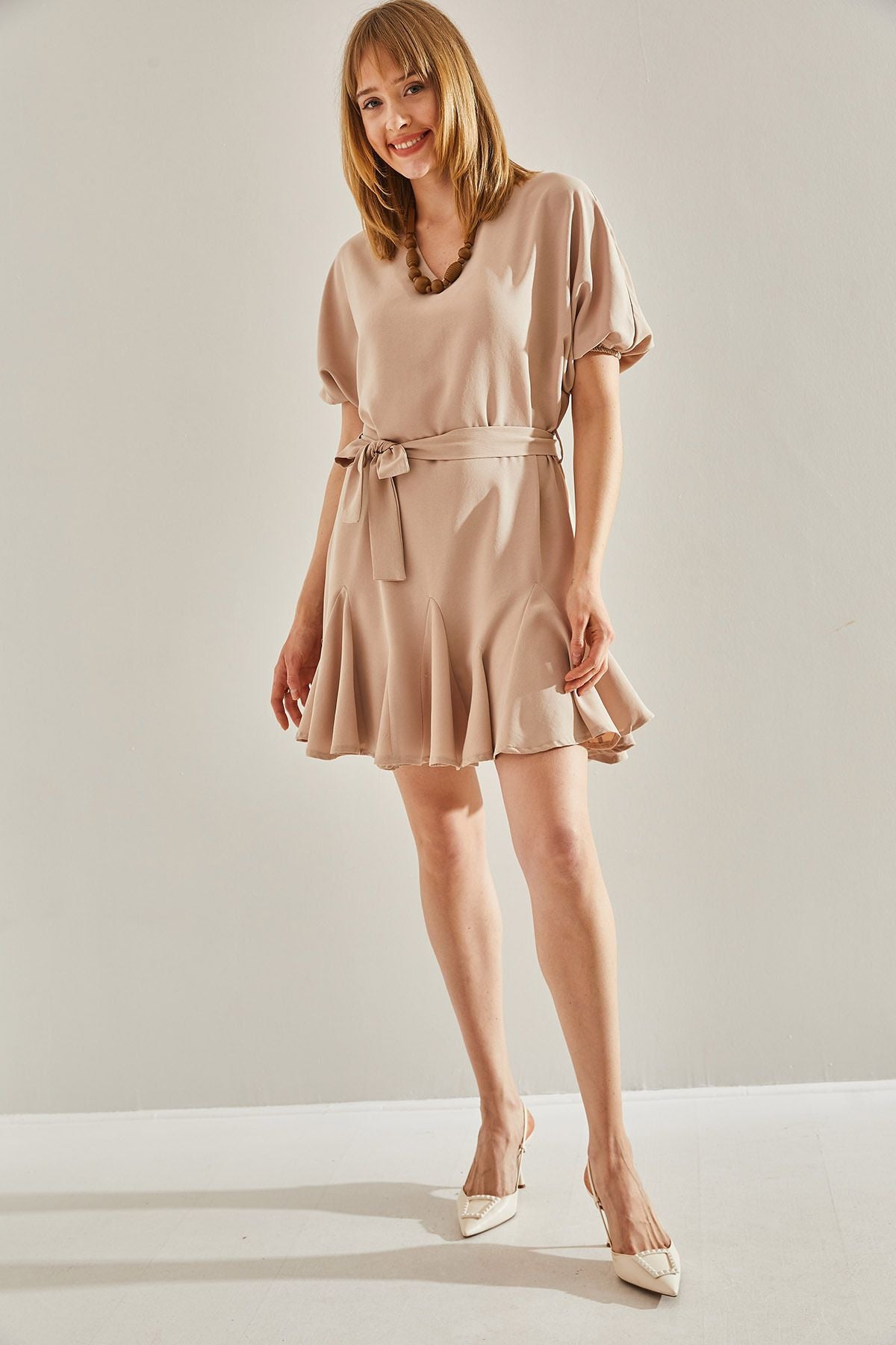 Female Beige Ruffle Detailed V -Neck Bidelite Dress 60251019
