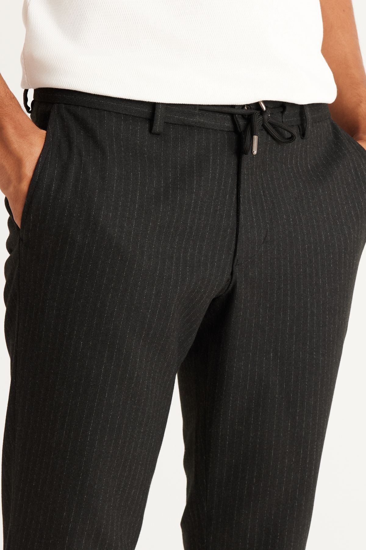 Men's anthracite slim fit narrow cutting waist -tied patterned flexible pants