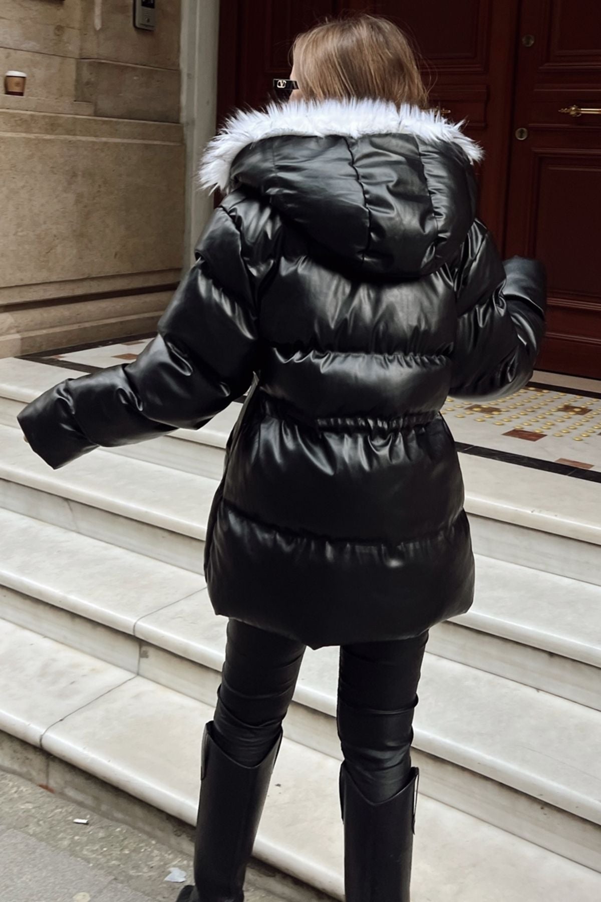 Women's hood fur swelling leather coat