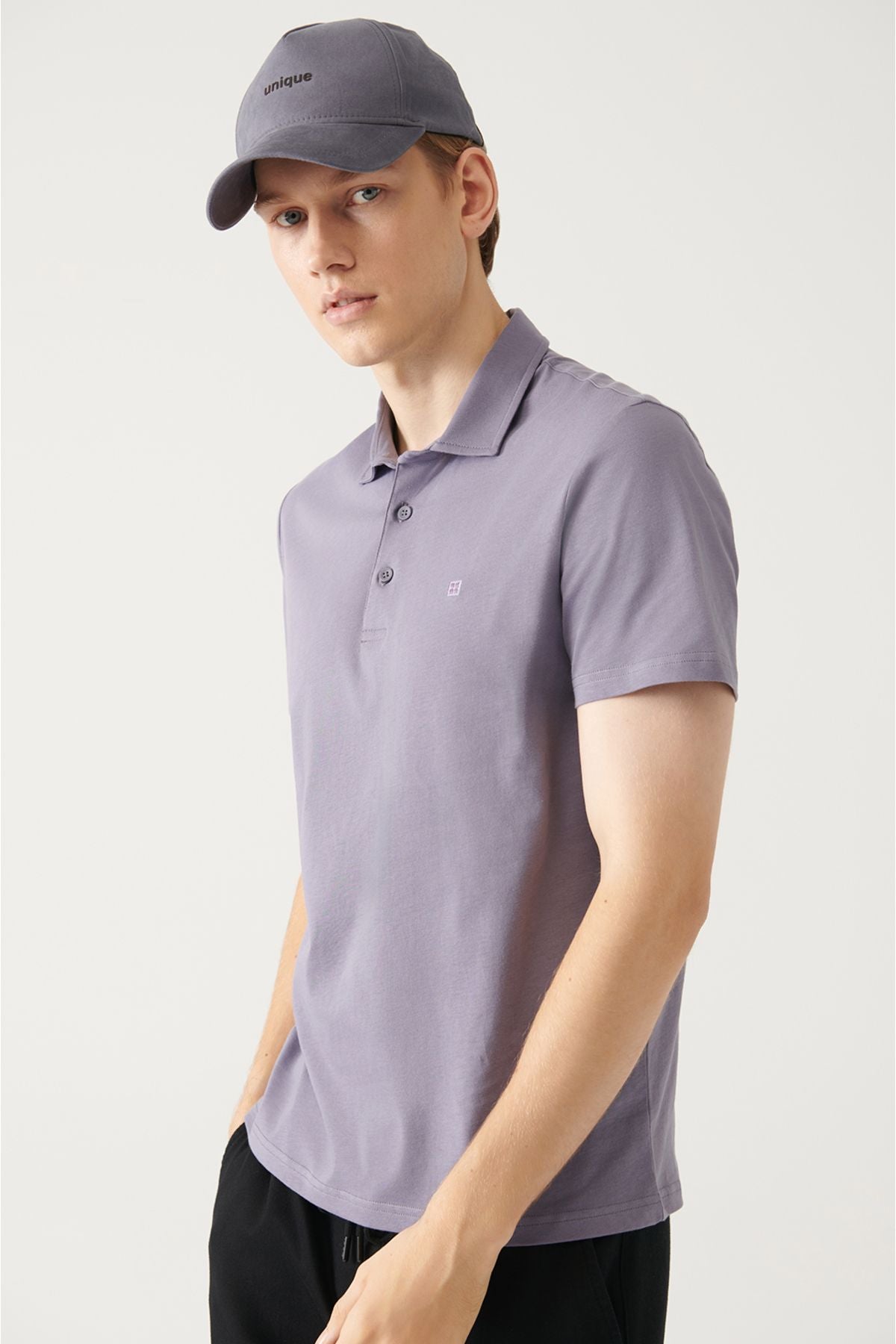 Men's lilac 100 %cotton regular fit 3 button curved Polo collar T-shirt E001035