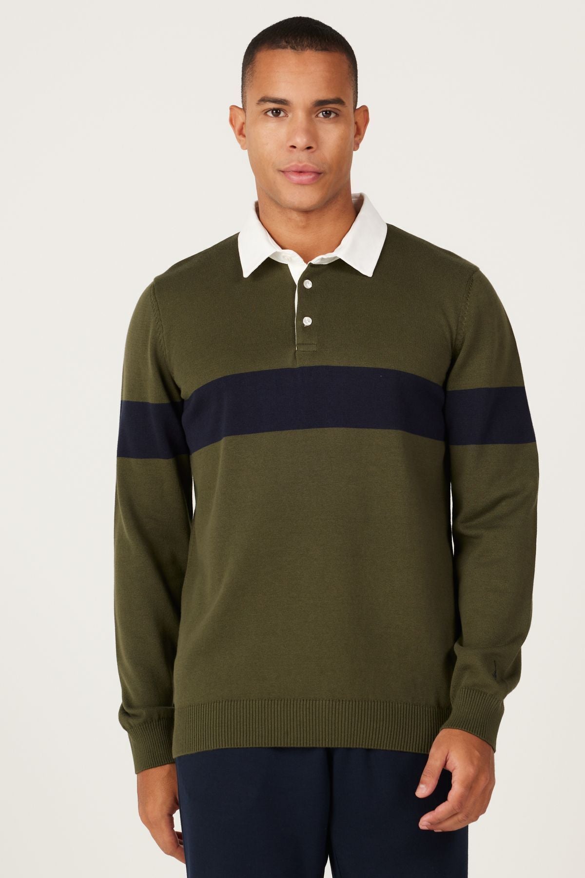 Men's Khaki-Navy Blue Standard Fit Normal Cut Polico Knitwear with 100 %Cotton Patterned Patterned