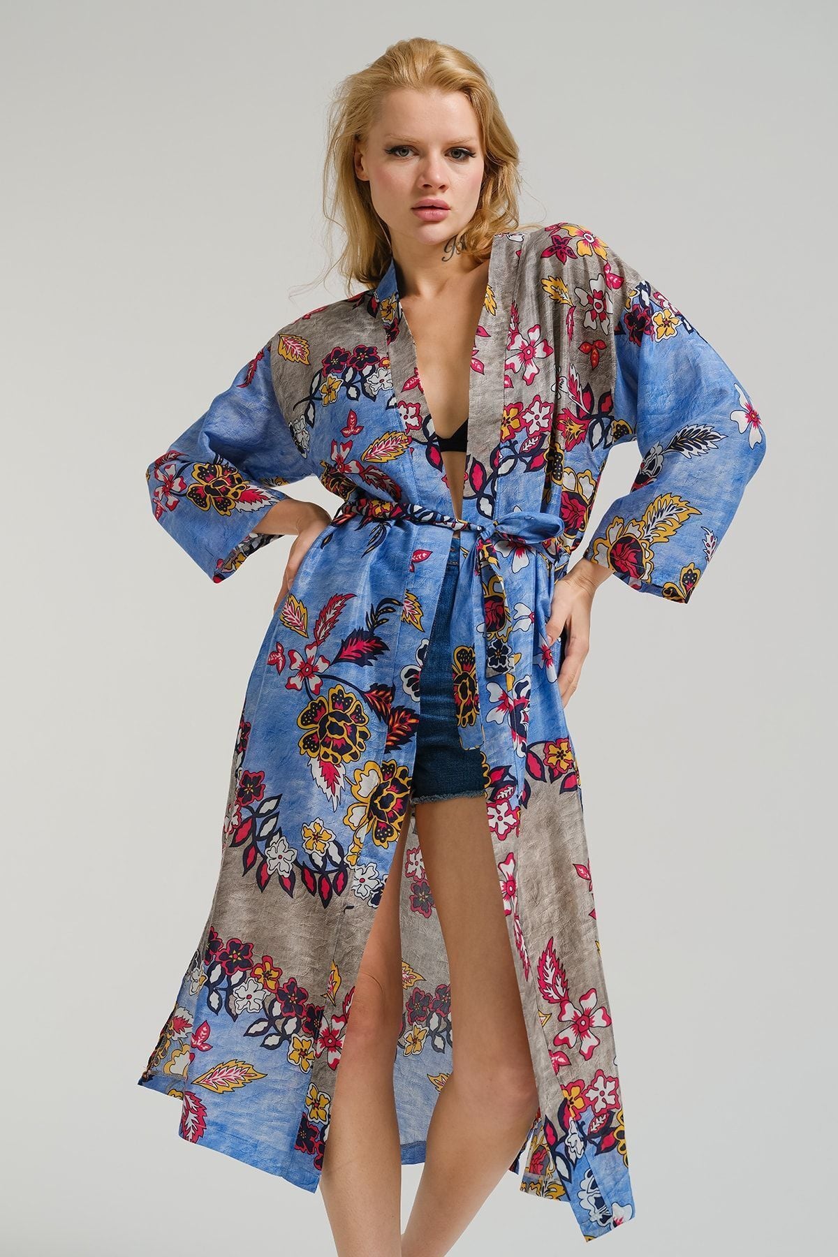 Women's Blue Patterned Long Kimono Arm-221120