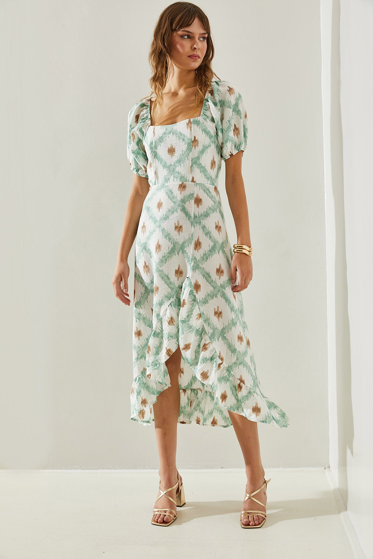 Women's Balloon Sleeve Ruffle Detailed Hidden Zipper Dress 60251373