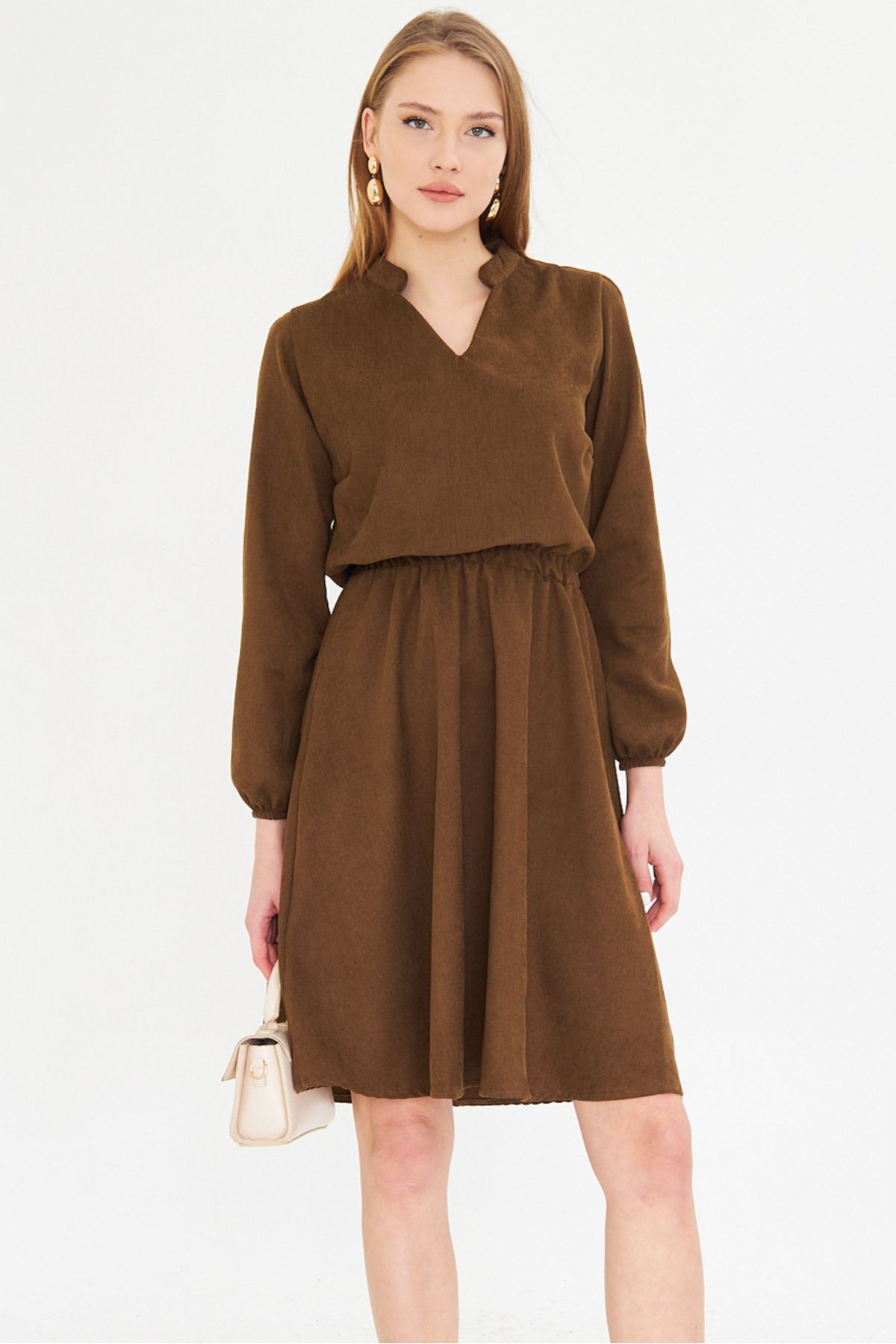 Female Khaki Velvet V-Yaka Waist Tire Thin Fravable Clash Dress ARM-25K001049
