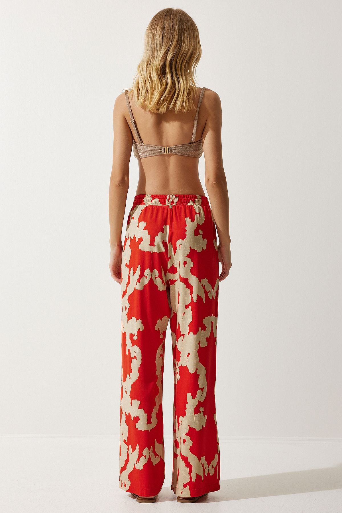 Female Oranj Beige Patterned Viscose Kimono Palazzo Pants Set CI00086