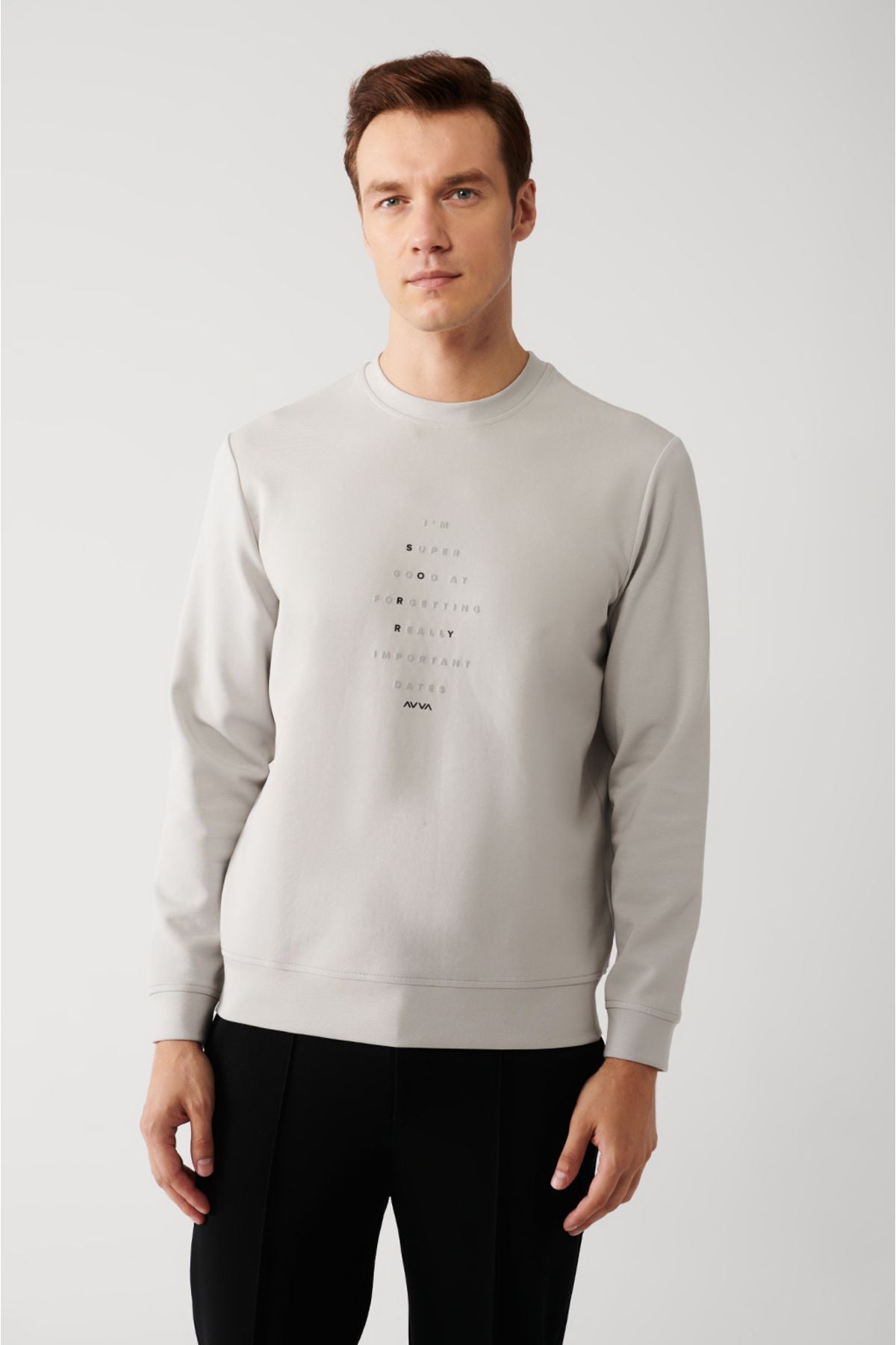 Erkek Gri Bisiklet Yaka Interlok Kumaş Baskılı Sweatshirt A32y1383