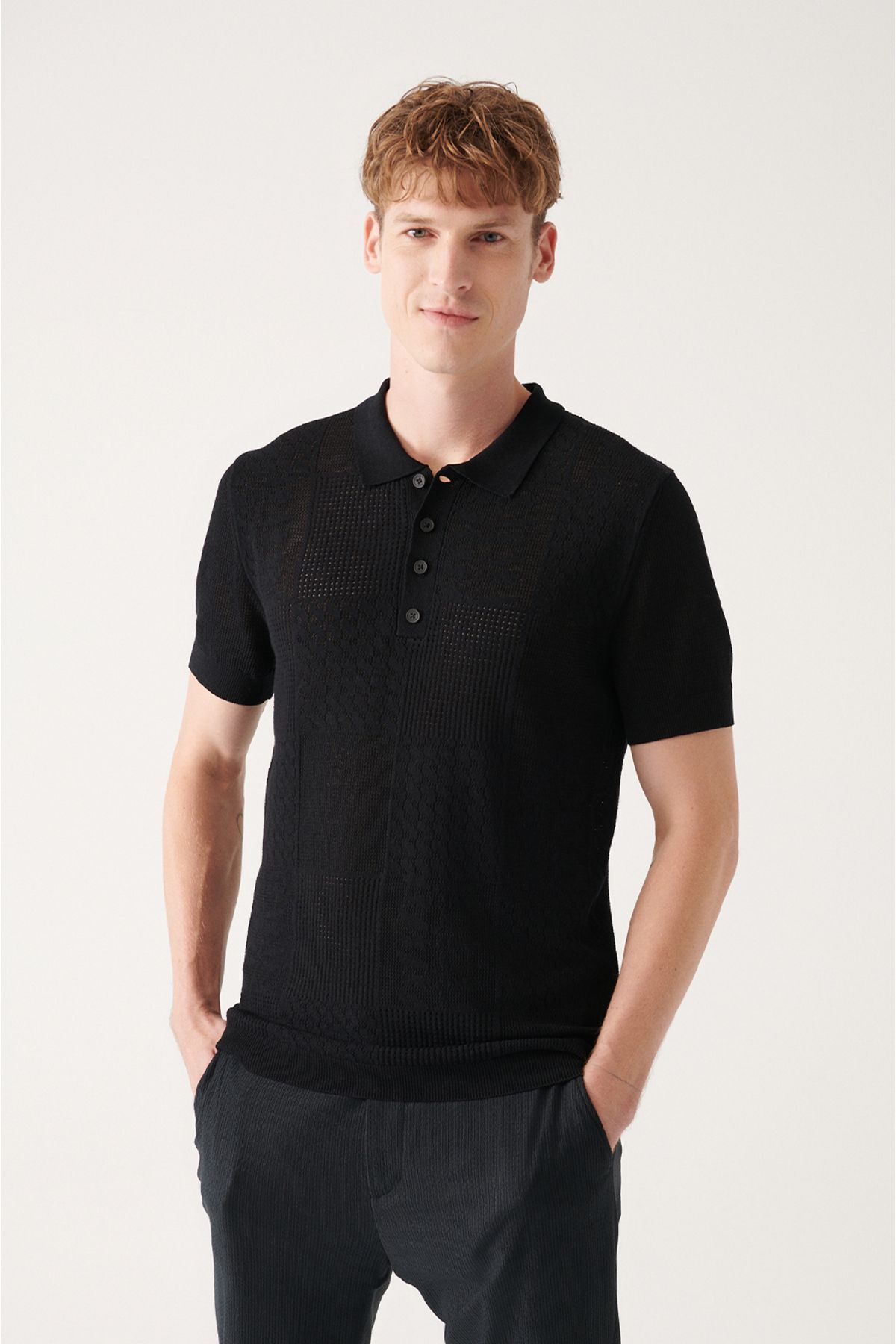 Men's Black Cotton Outpain Patterned Polo Yaka Triko T-Shirt A31Y5031