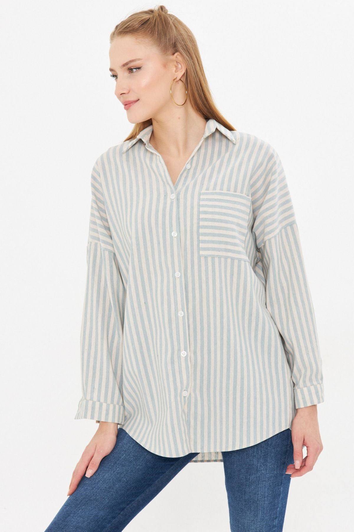 Female Mint Striped Long Sleeve Pocket Detail Pleeled Pleeled Shirt ARM-24Y001057