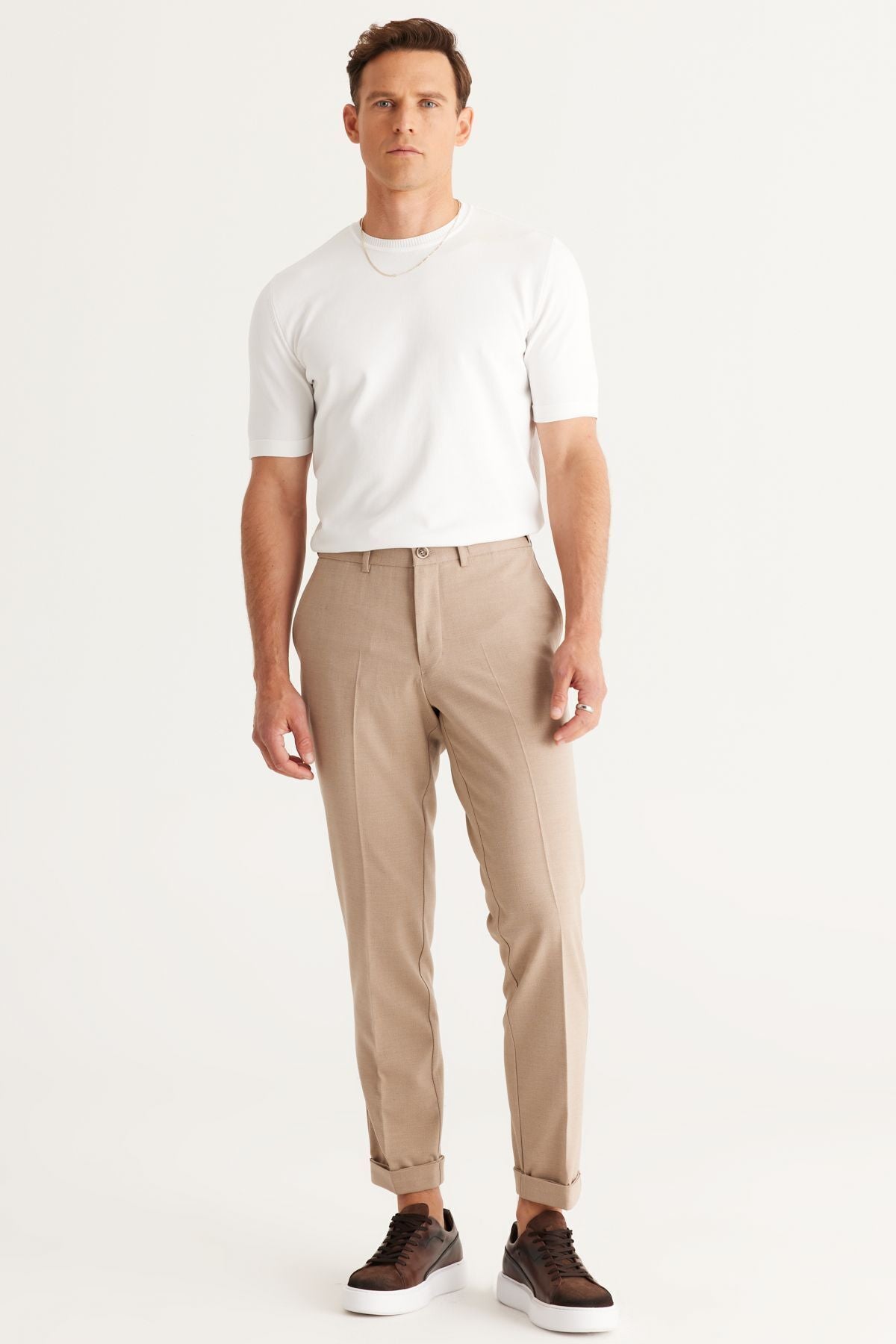 Men's Beige Slim Fit Narrow Cut Waist Waist Flexible Classic Fabric Pants