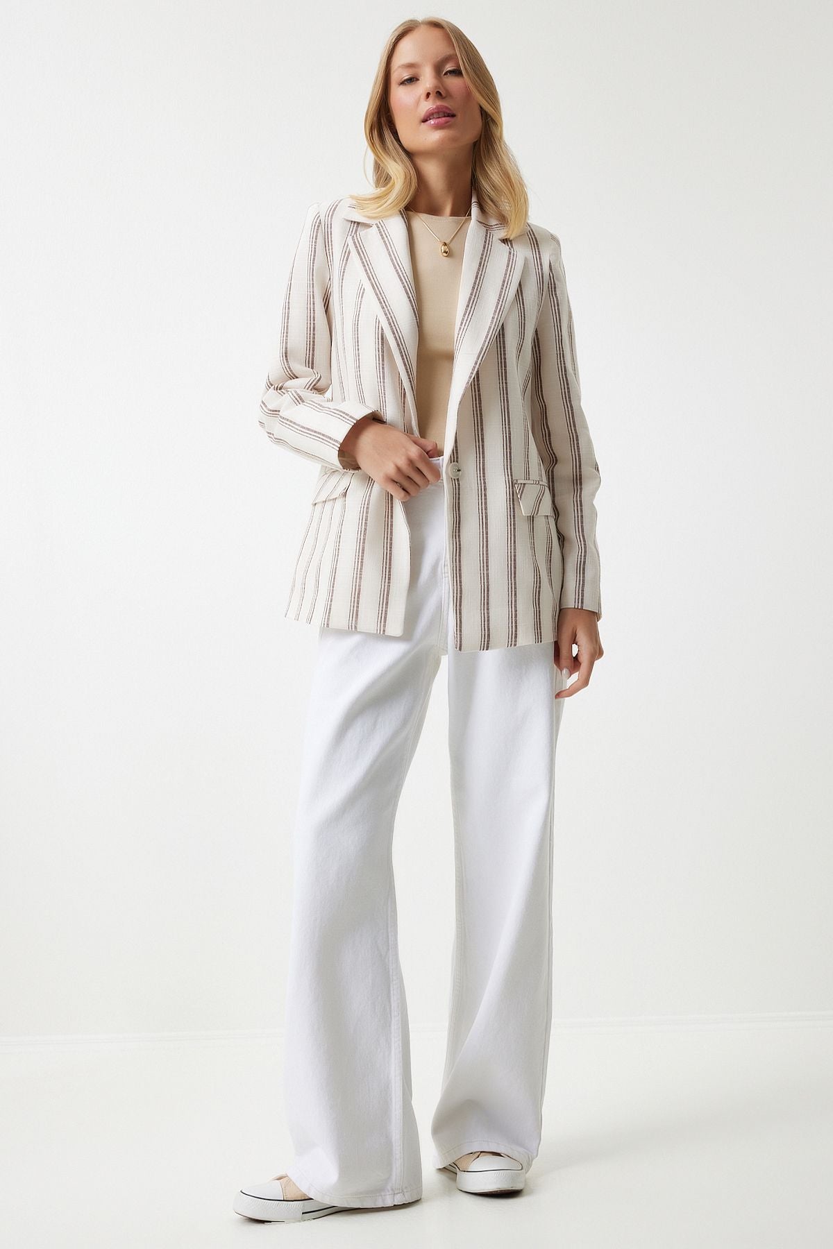 Female brown bone striped watt -linen mixed blazer jacket GP00006