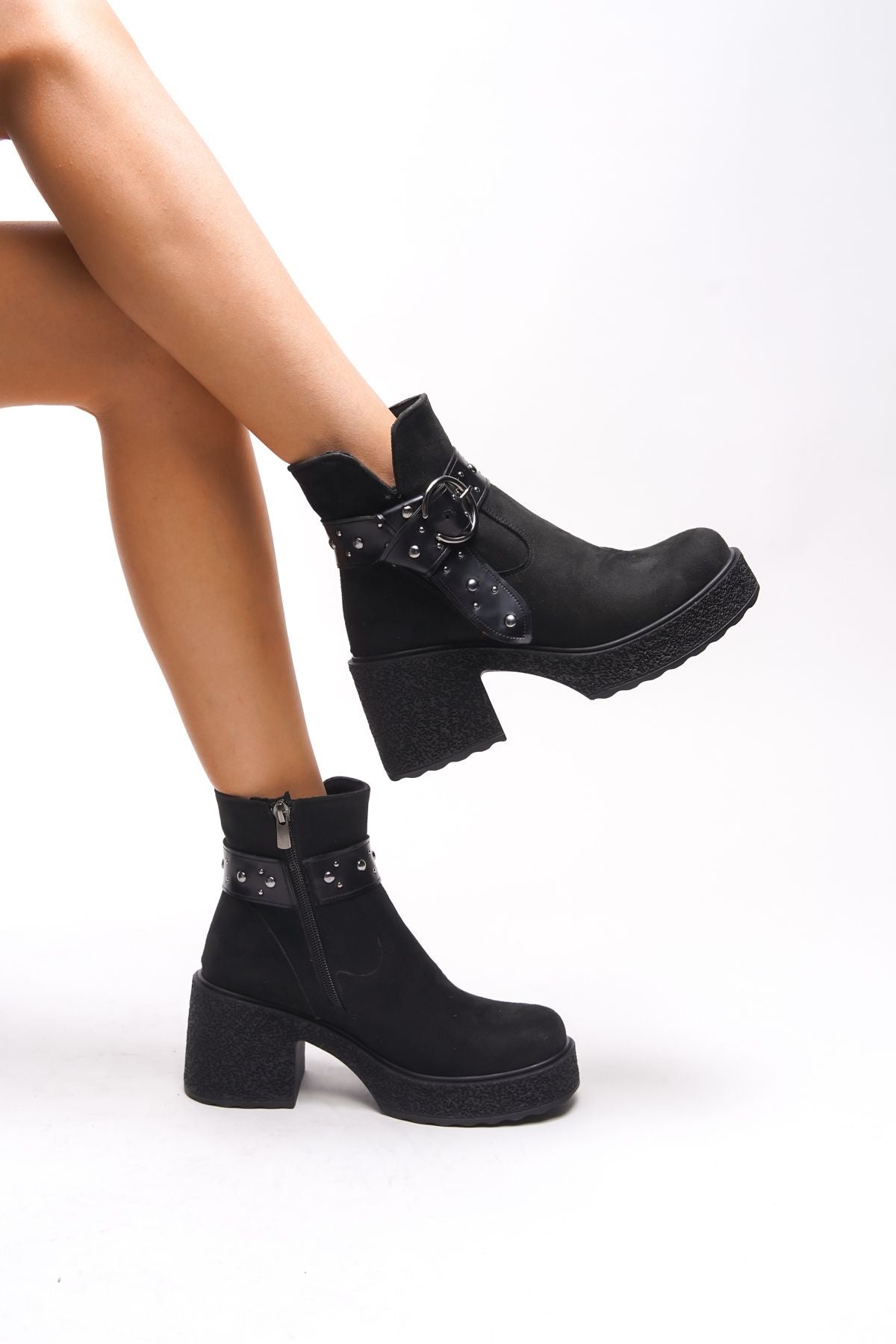 KRİENDES WOMEN'S HEEP BOOT 00122278 Black Suede Black Patent Leather