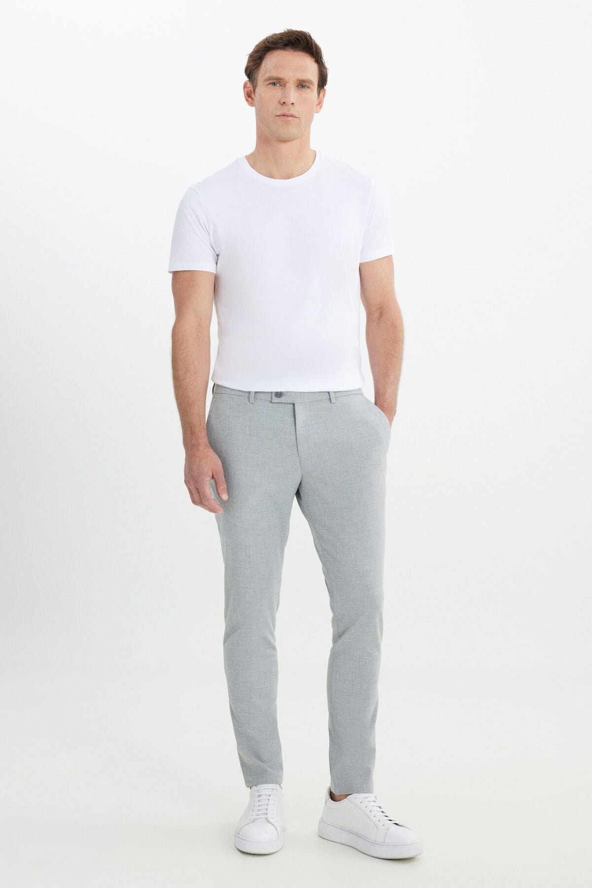 Men's gray slim fit Italian cutting side pocket flexible casual trousers