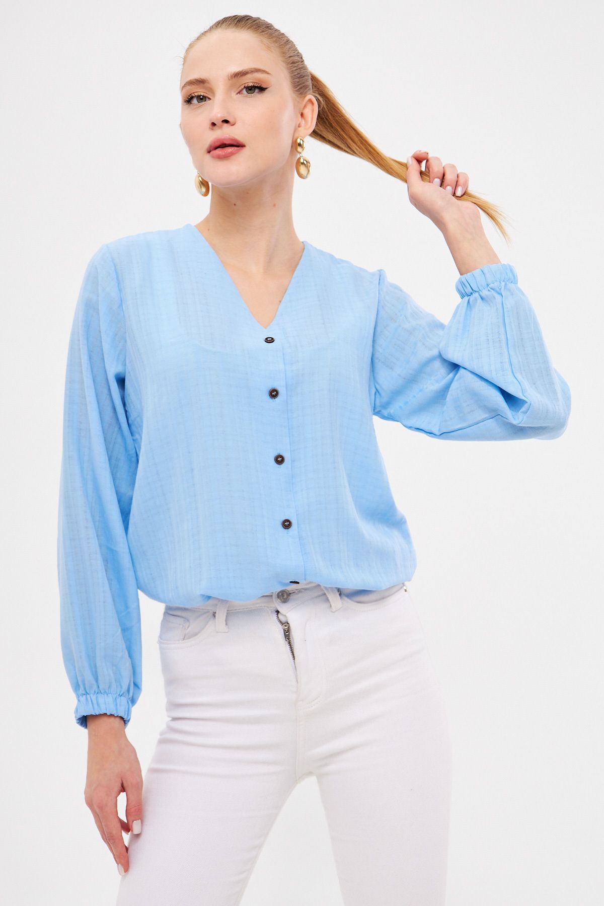 WOMEN BABY BLUE BLANT BUILDING BUILDING SHIRT ARM-24K001002