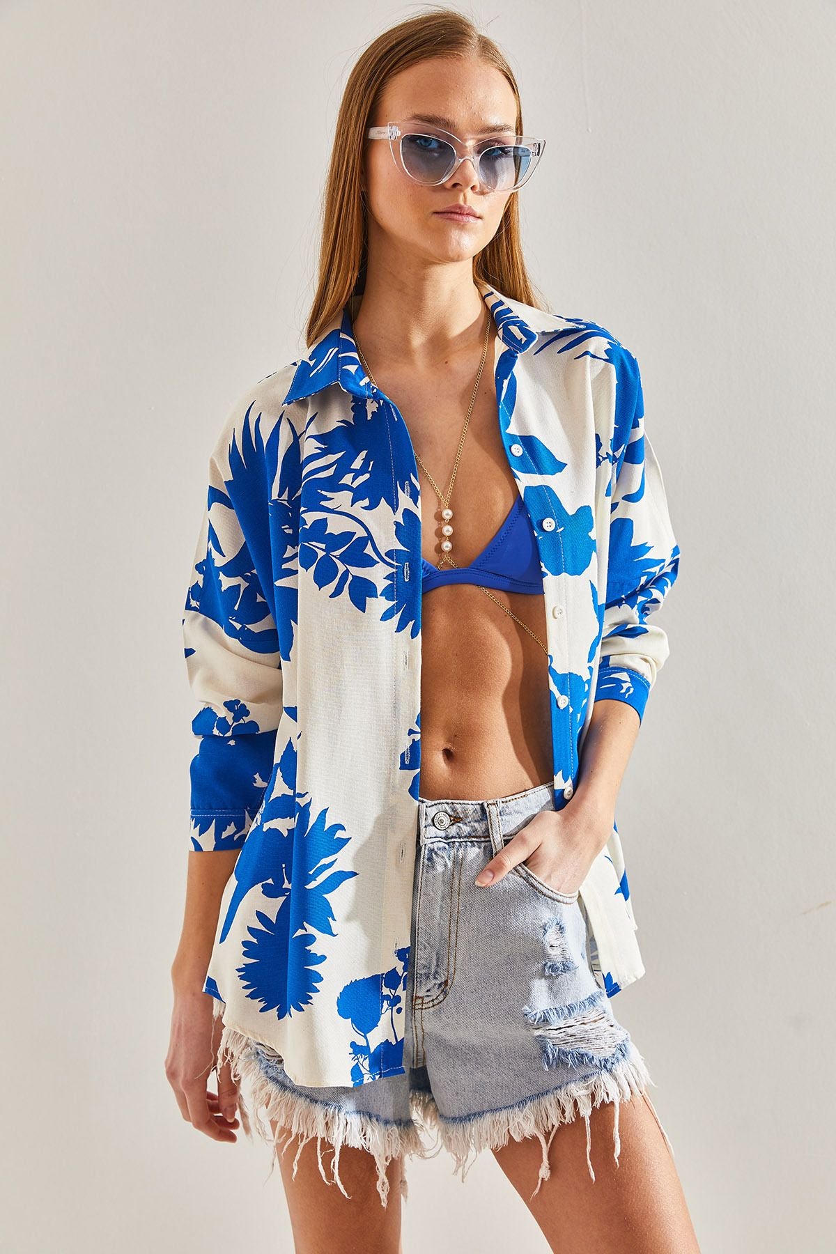 Women Patterned Shabby Linen Shirt 60101018