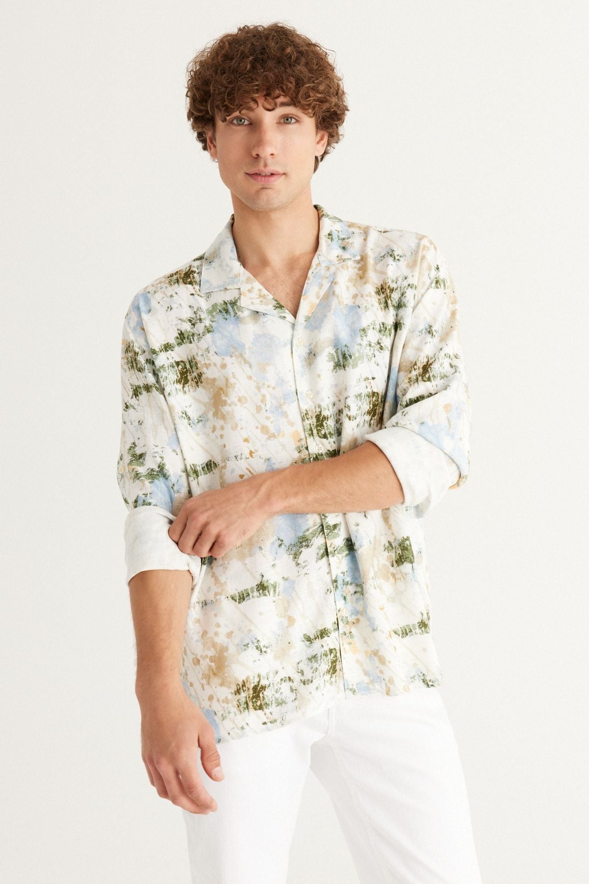 Men's Ecru-Blue Linen Oversize plenty of cut Cuba collar printed shirt