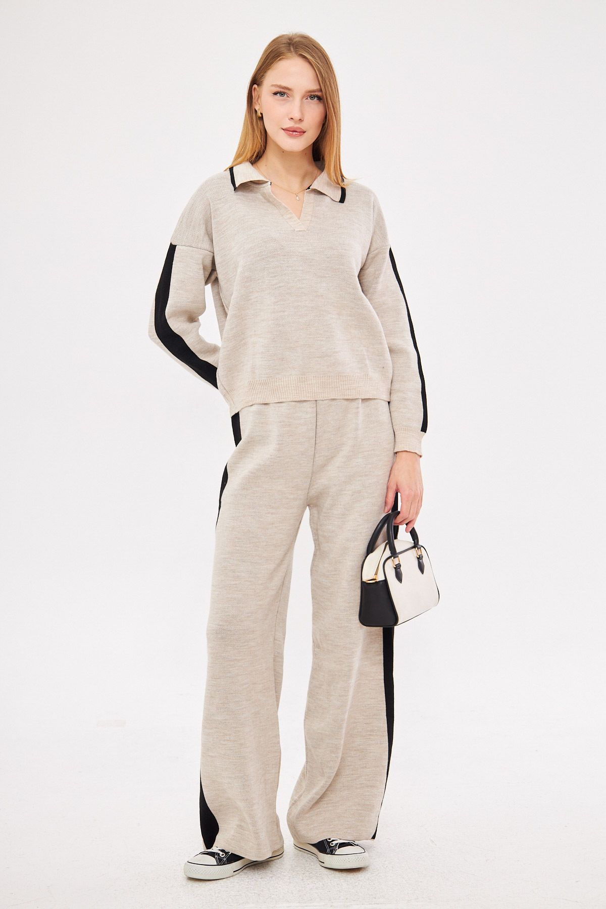 Female Beige Polo Yaka striped knitted knitted dual team ARM-25K012001