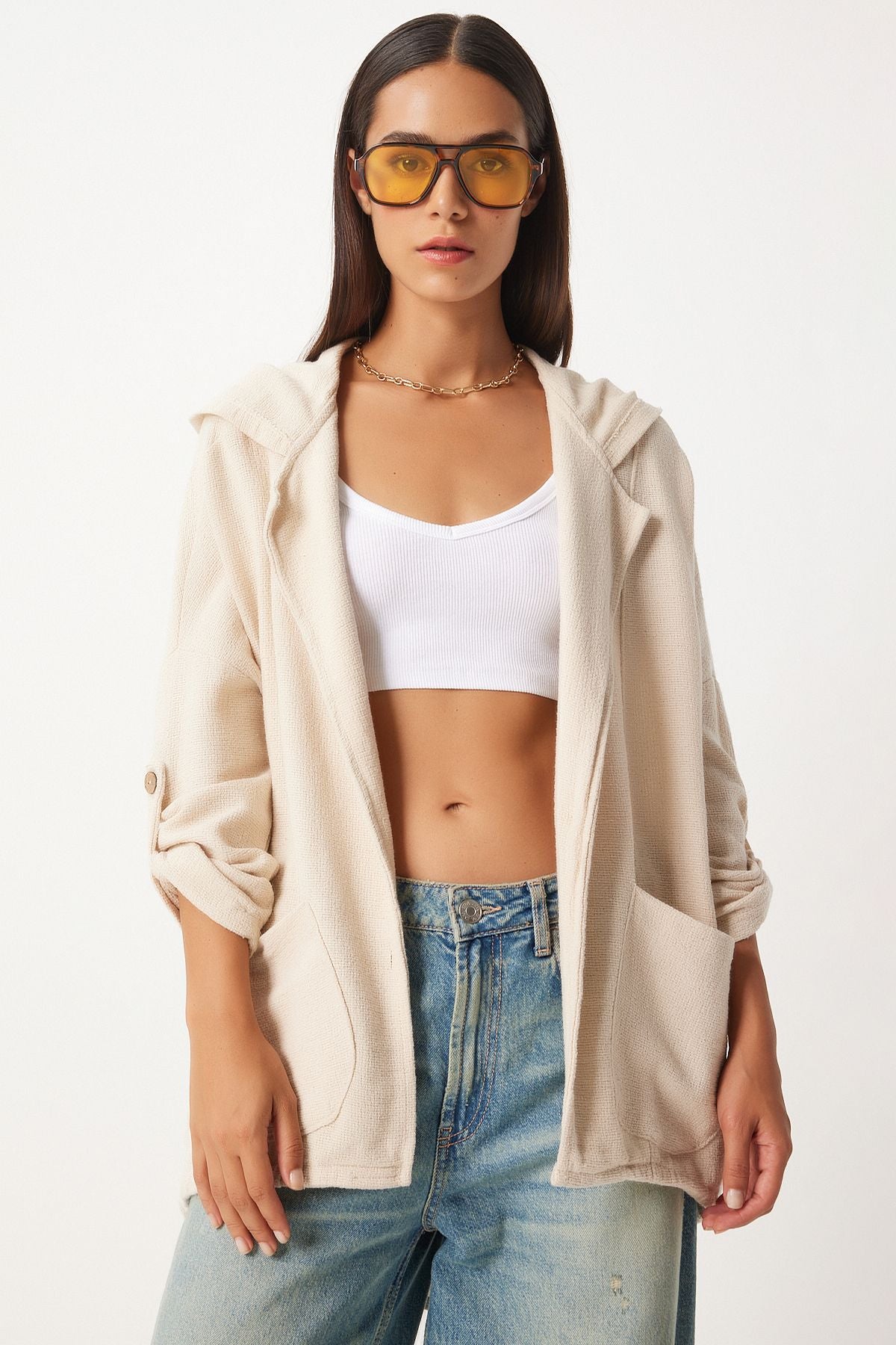 Female cream hooded overwheeling jacket gp00007