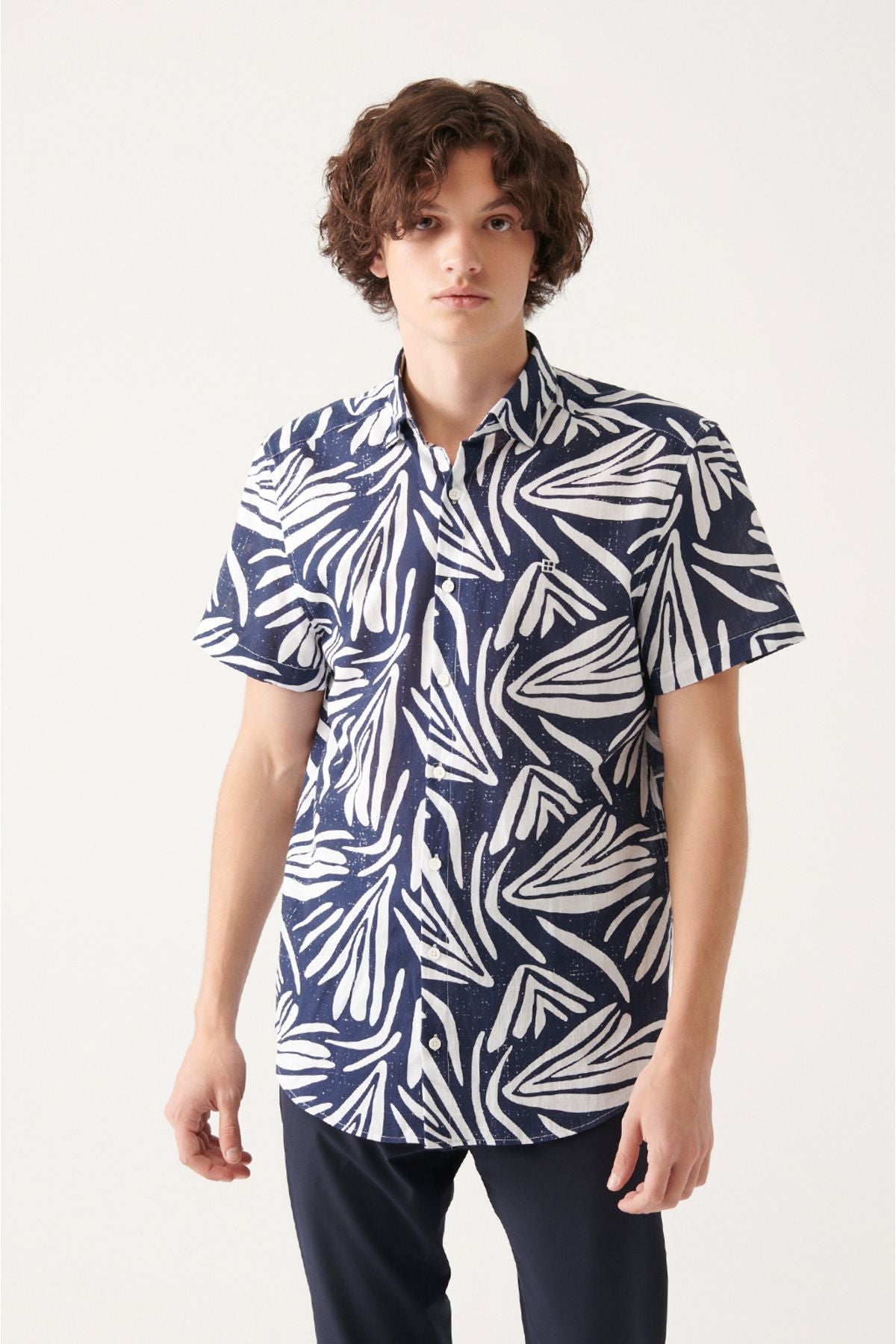 Men's Navy Blue 100 %Cotton Printed Short Sleeve Shirt A31y2240