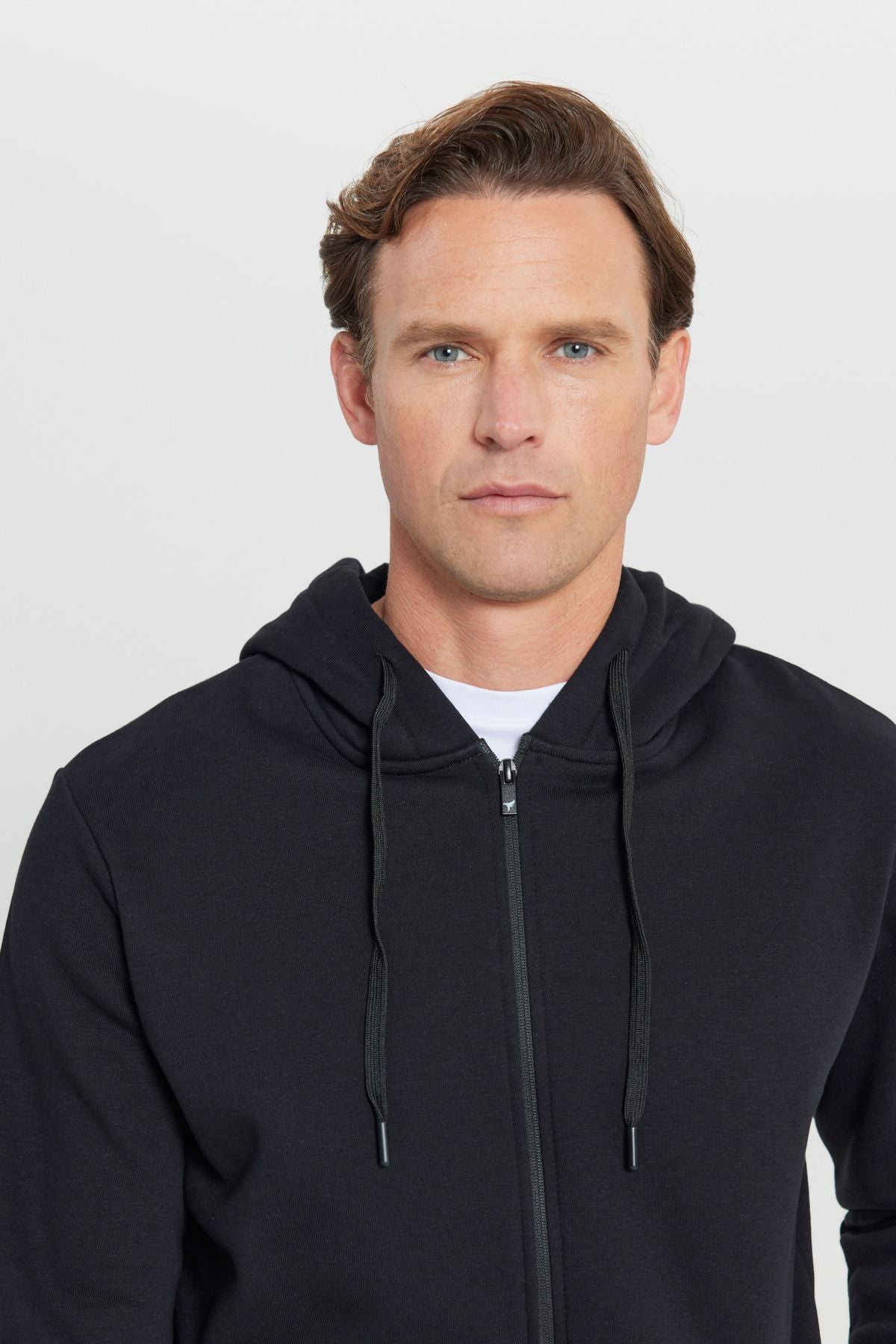 Men's Black Standard Fit Normal Cutting Içi Polar 3 -Tick Hoped Zippered Sweatshirt Jacket
