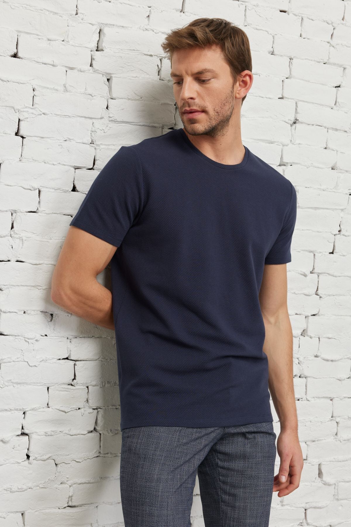 Men's navy blue slim fit narrow cut modal bike collar soft button flexible basic t -shirt