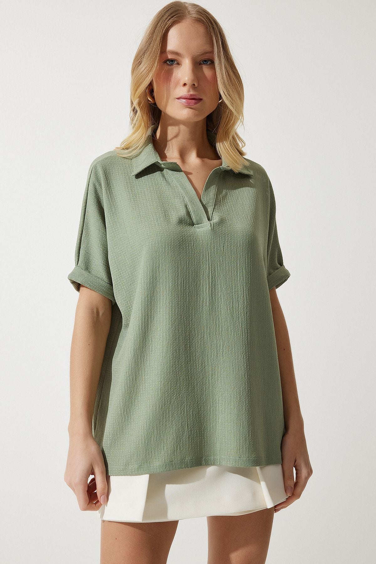 Woman Khaki Polo Yaka Knitting Krinkıl Blouse DD01299