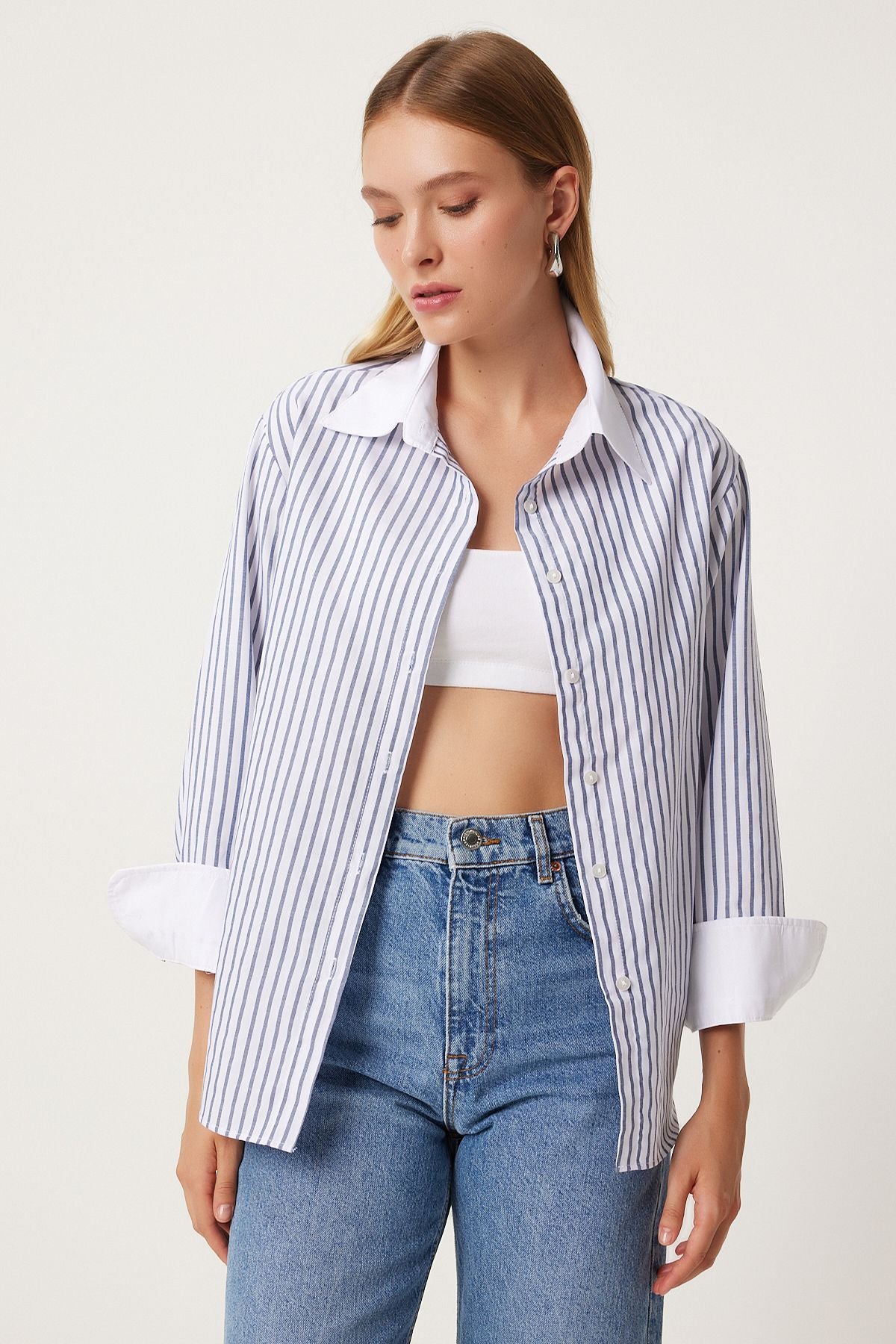 Woman White Gray Contrast Colorful Striped Oversize Shirt FN03246