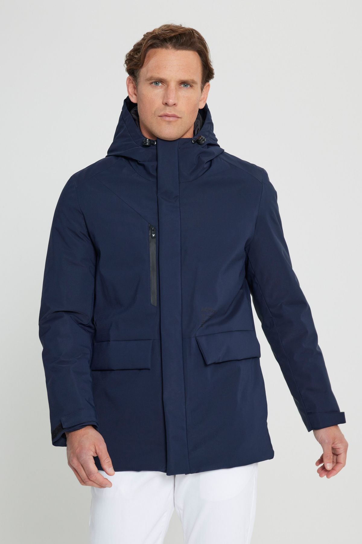 Men's navy blue hooded upright collar standard fit hot holding windproof coat coat