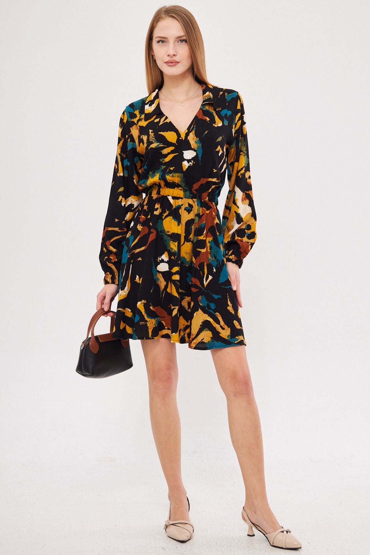 Female mustard shirt collar detailed waist arm tire closes dress ARM-25K001043
