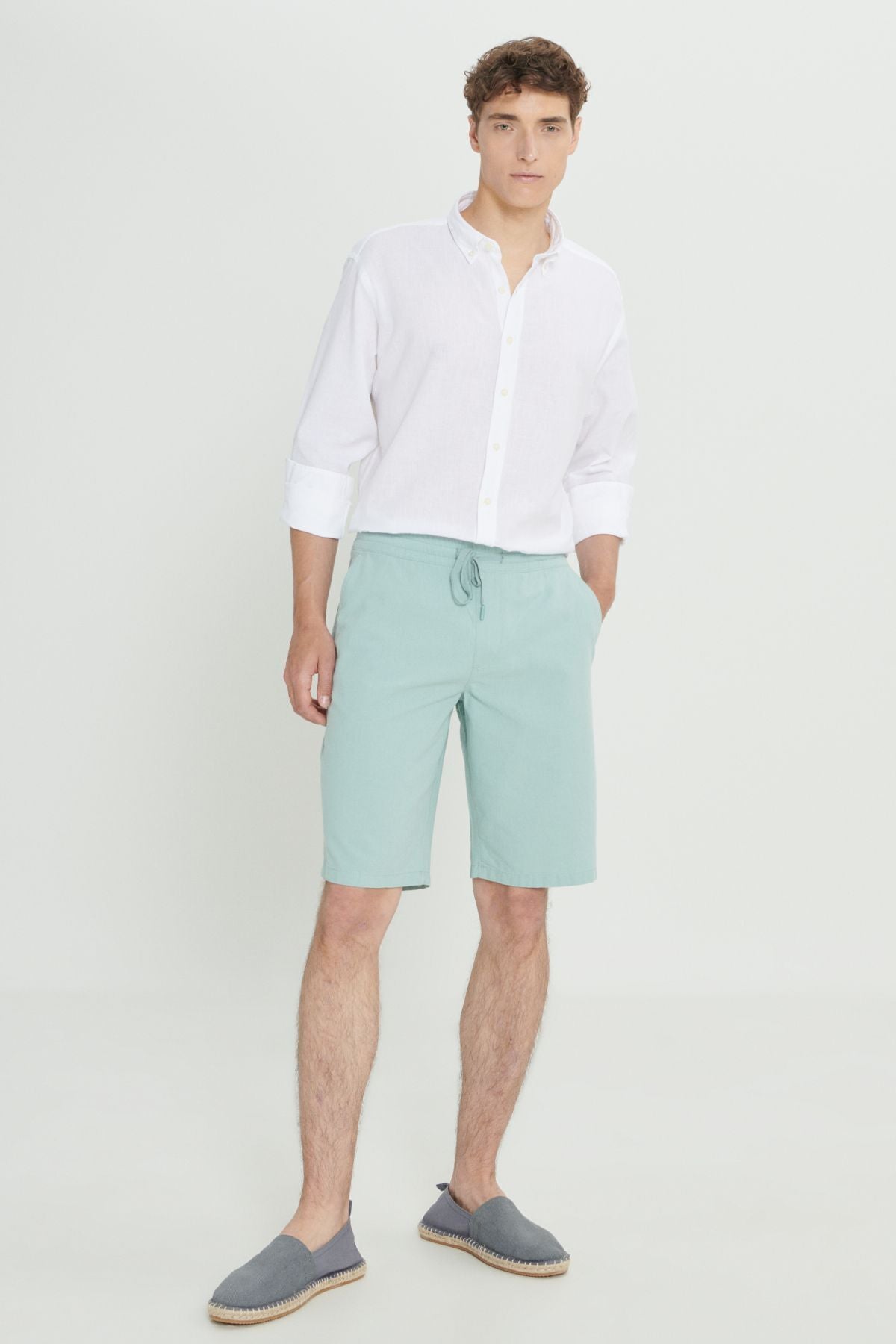 Men's Open Mint Green Linen Comfort Fit Casual Cutting Side Pocket Shorts