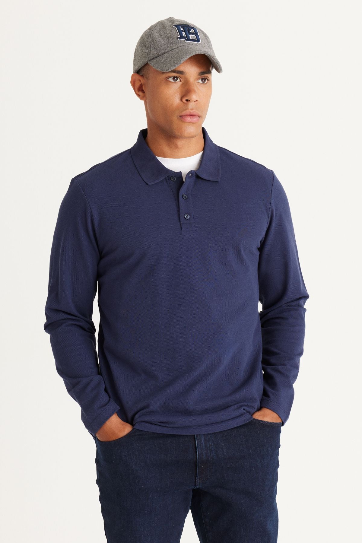 Men's Navy Blue Standard Fit Normal Cutting 3 IP FLOARD 100 %Cotton Polo Yaka Sweatshirt