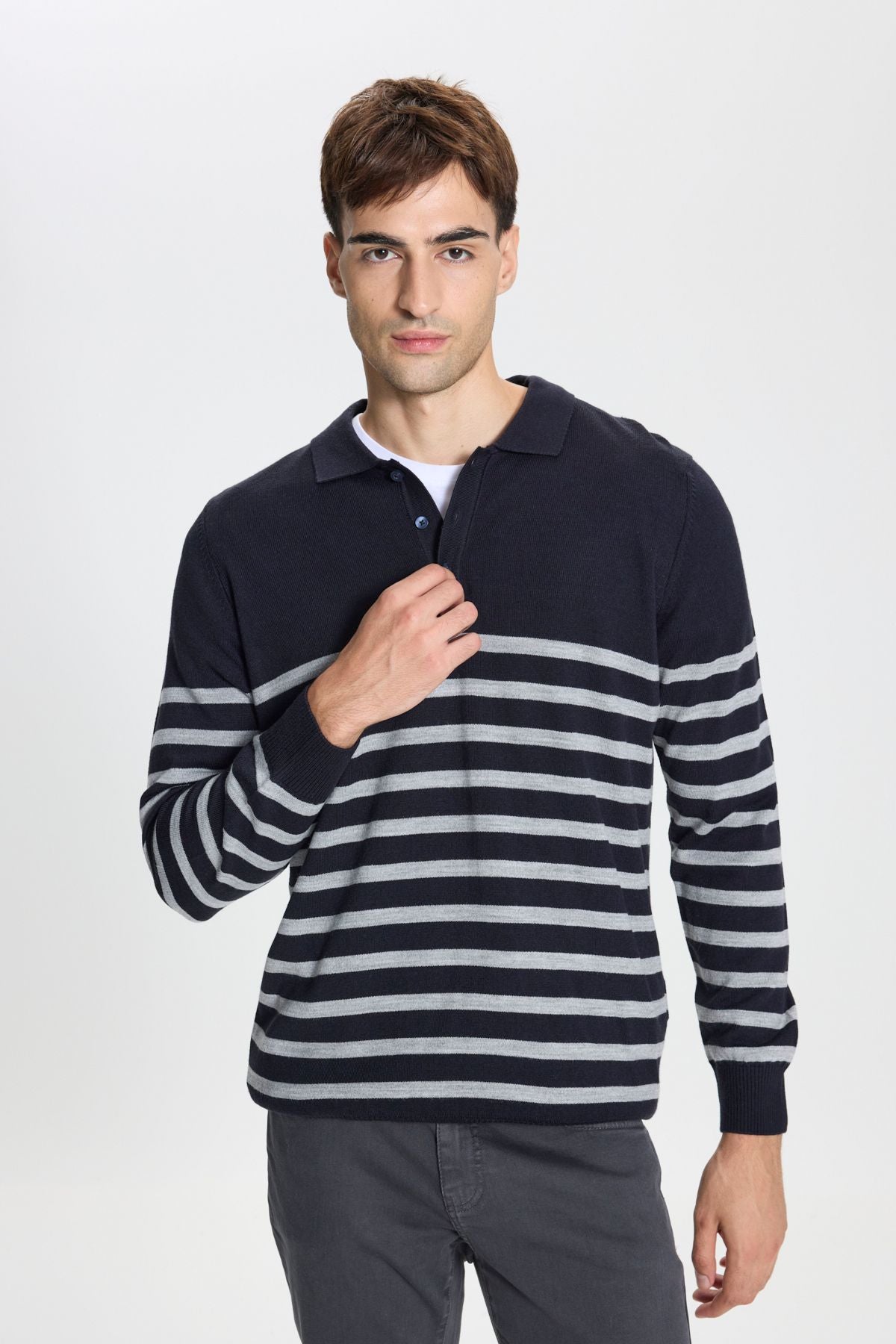 Men's Navy-Gri Standard Fit Normal Cutter Polo Yaka striped knitwear sweater