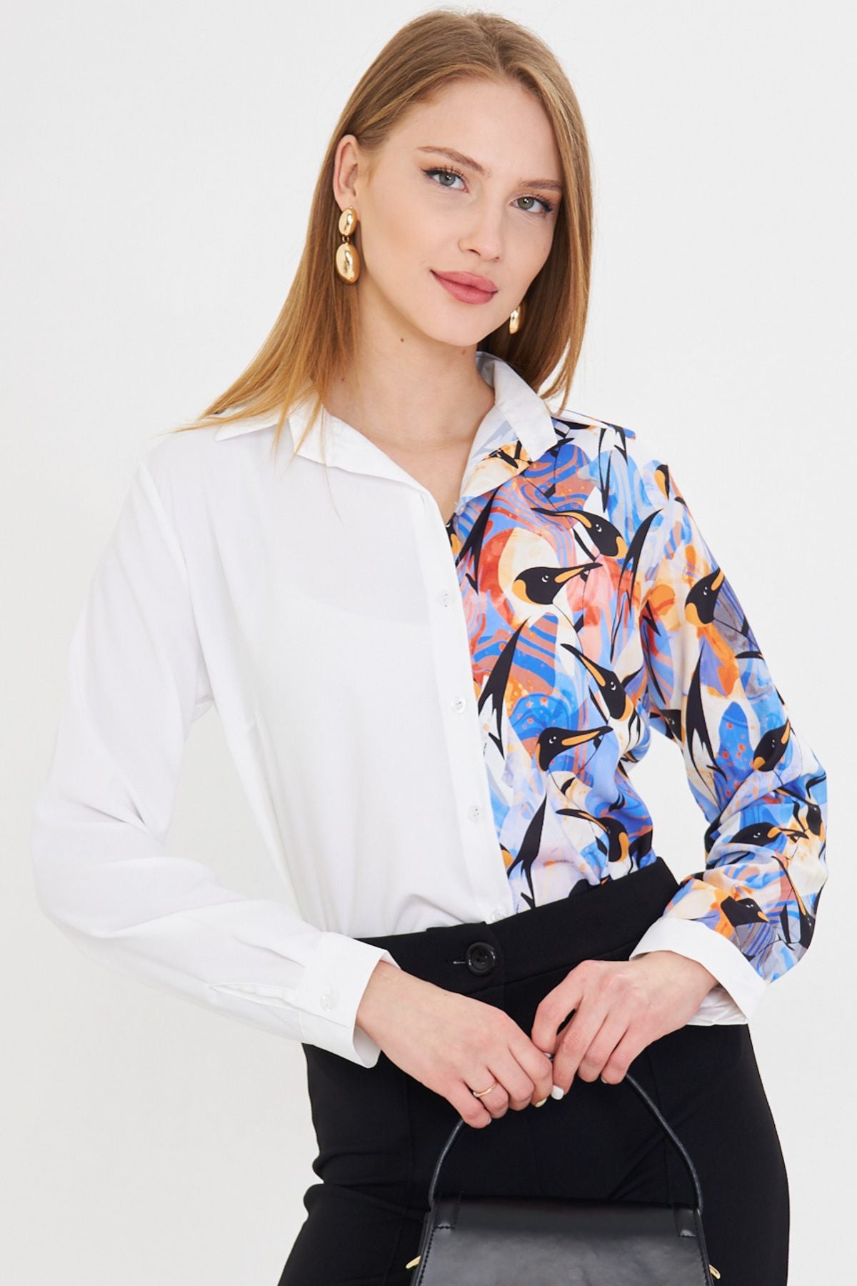 Female orange asymmetric patterned shirt ARM-25Y001011
