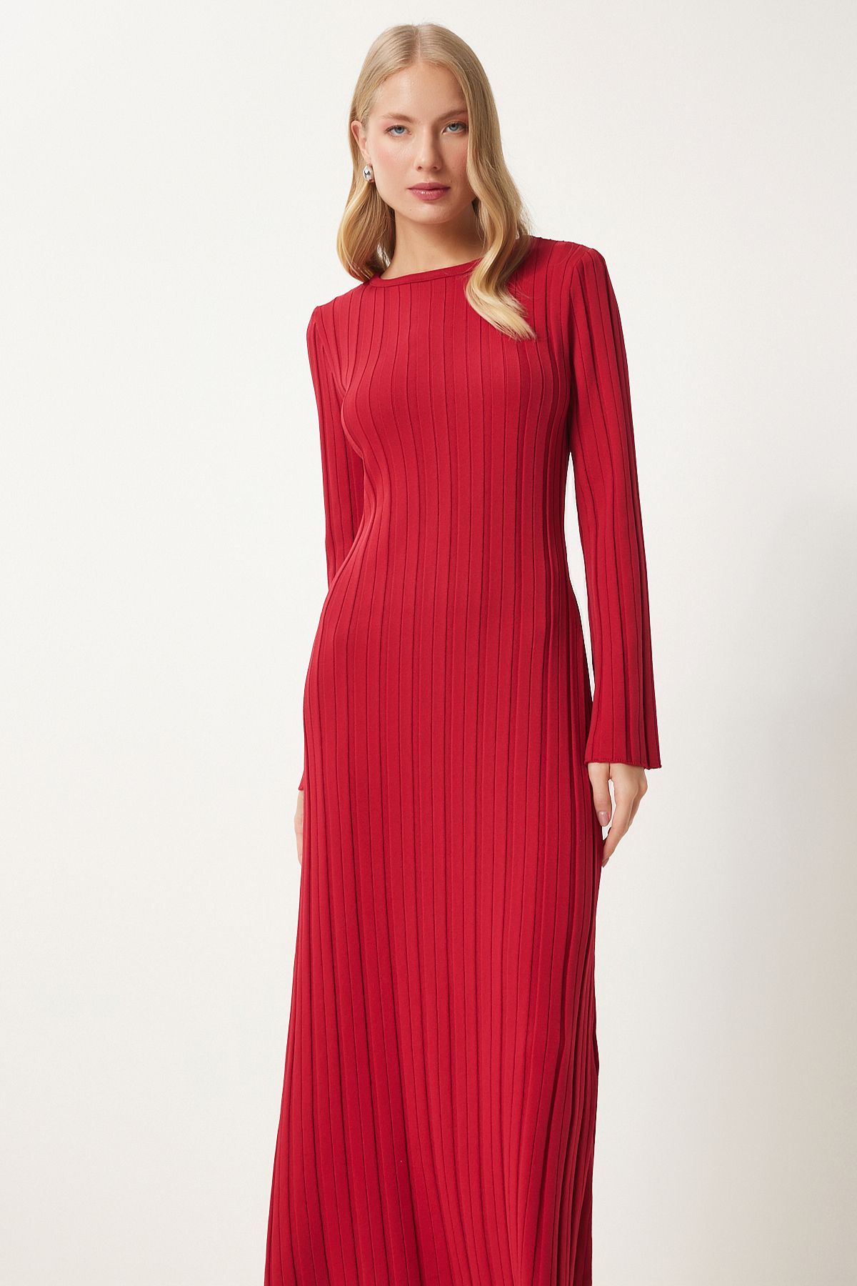 Woman Red Belt Remvous Long Knitwear Dress Ki00108