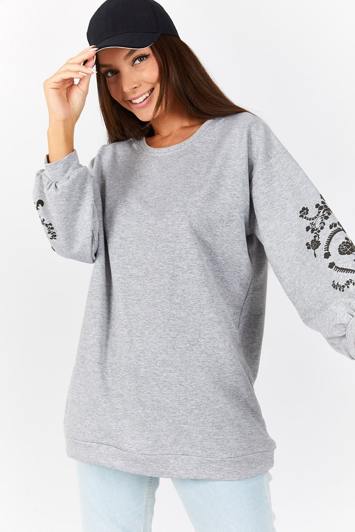 Women's Gray Melanj Round collar arm embossed Tunic Tunic ARM-21K024033