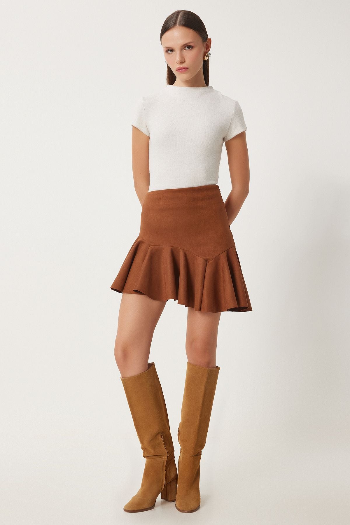 Female Taba flywheel asymmetric mini suede skirt US00942