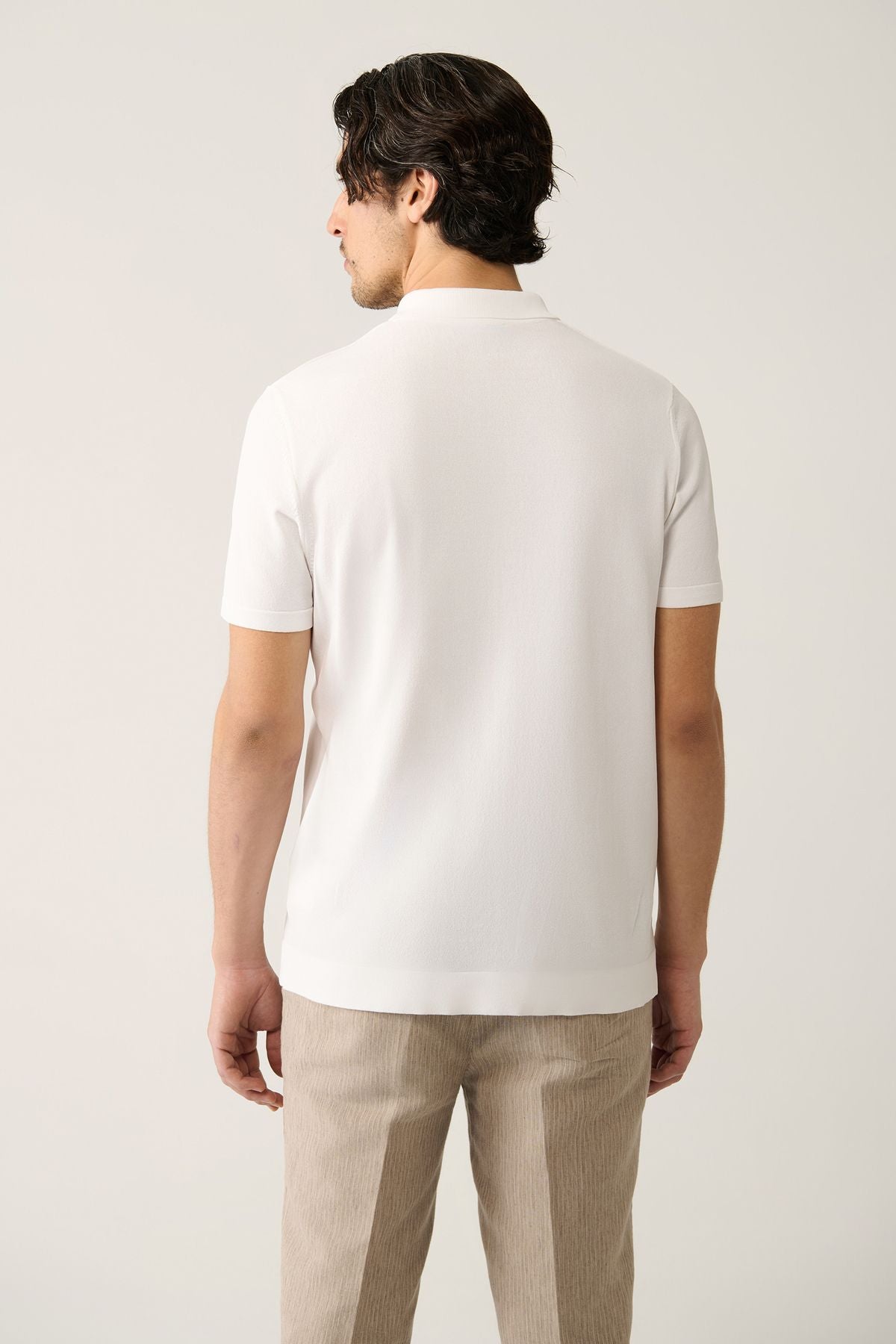 Men's White Zipper Rayon Polo Yaka Triko T-Shirt A41y5106