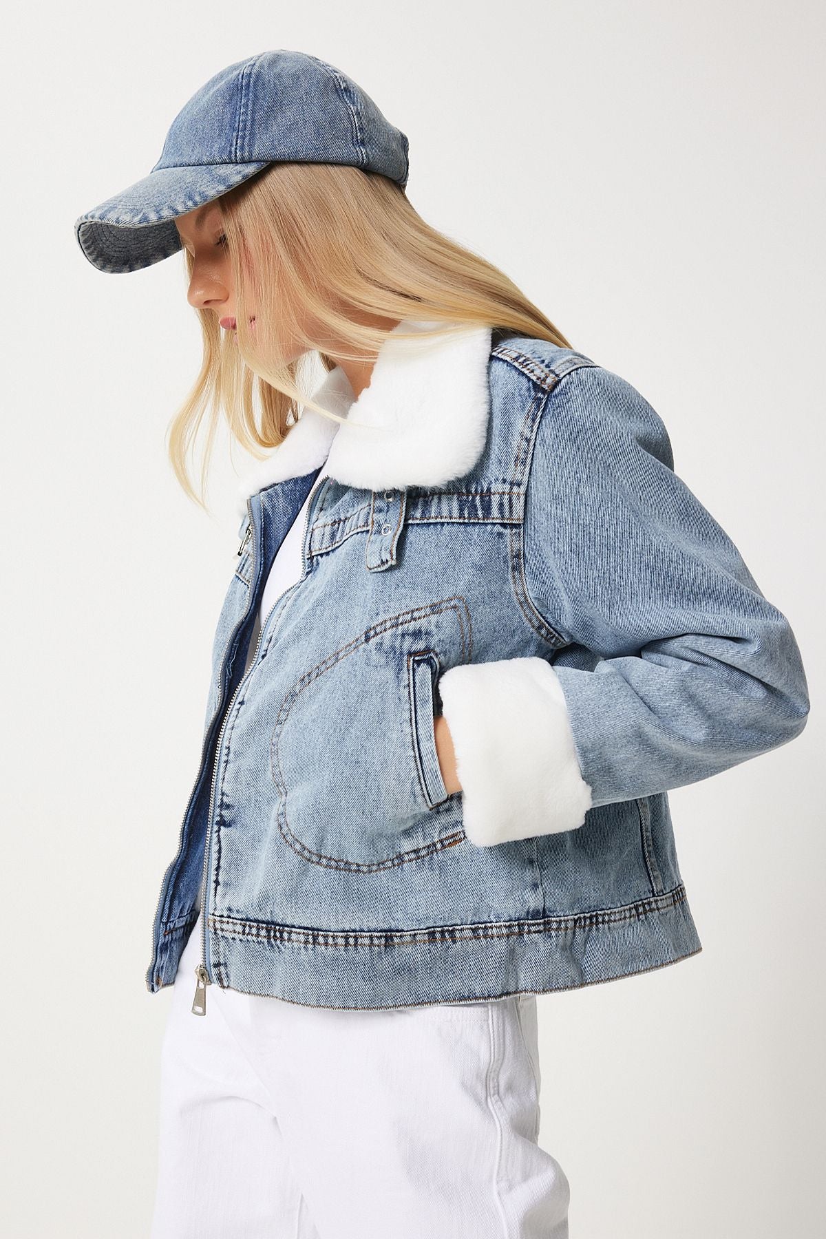 Women's Blue In -Blue Artificial Furry Denim Jacket RV00201