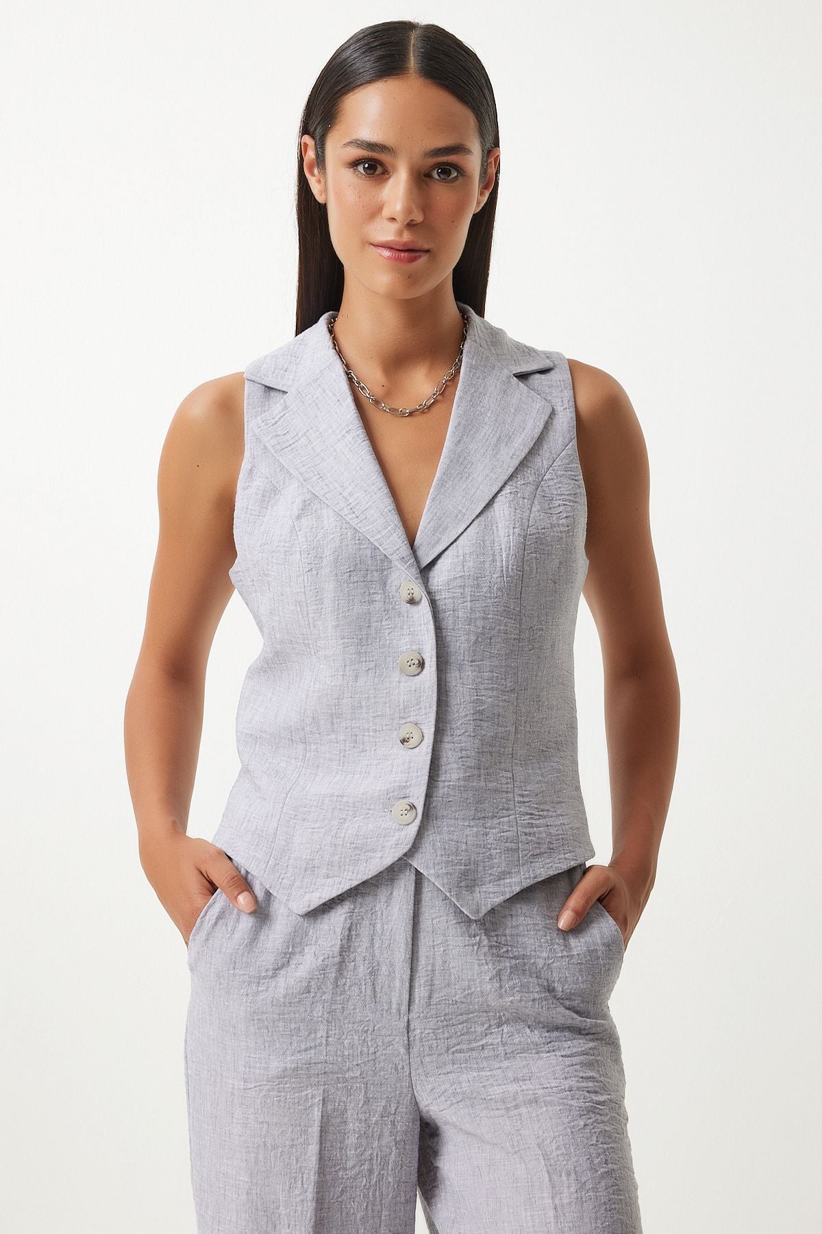 Women's Gray Shawl Yaka Vest Pants Set FN03231