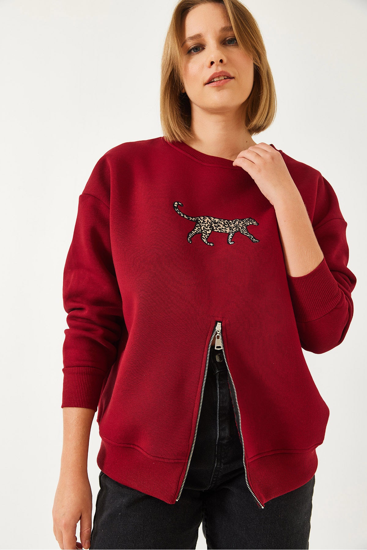 Women's Three Thread Rose Gold Zippered Front Leopard Printed Sweatshirt 60351258