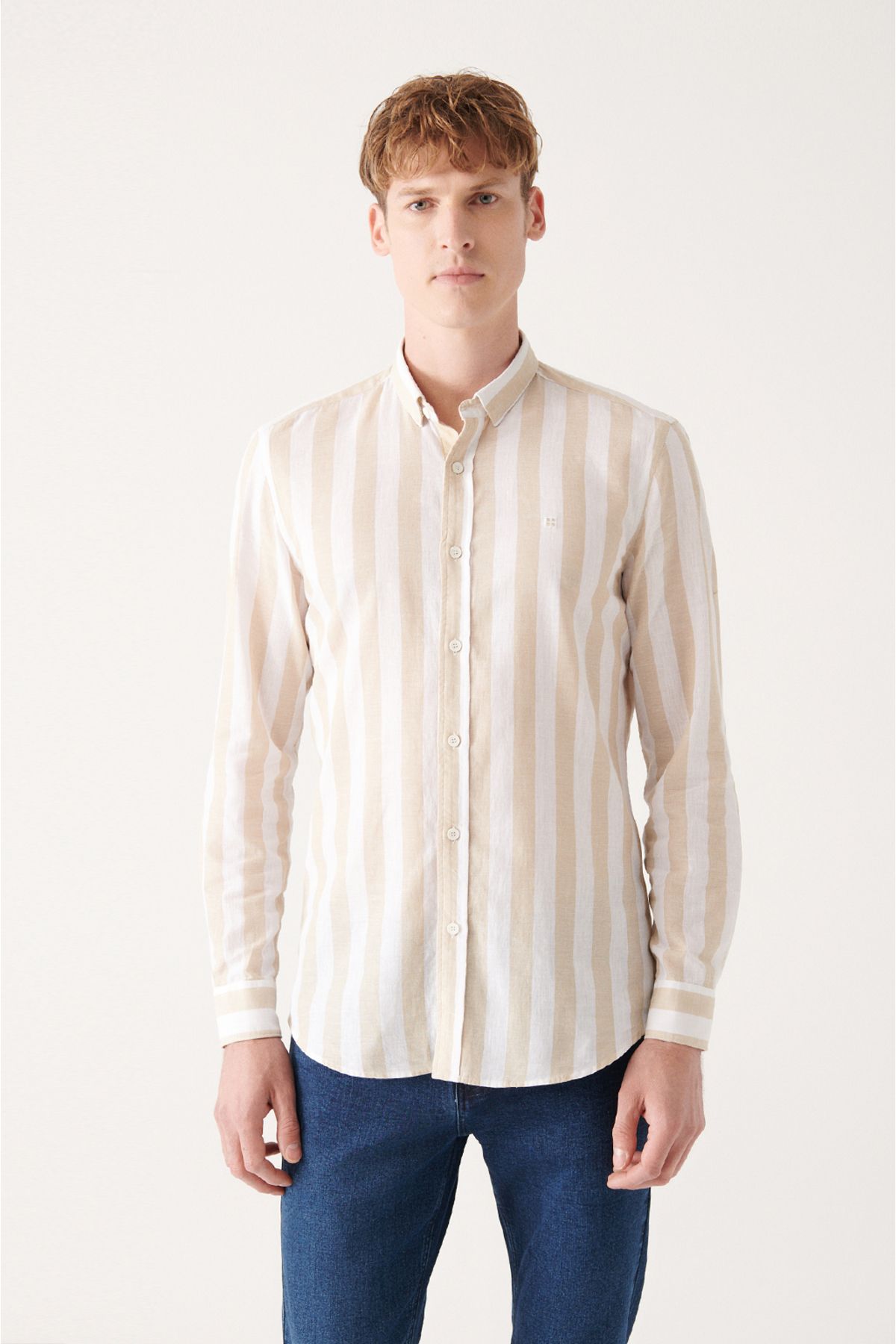 Men's beige cotton linen striped shirt A31y2217