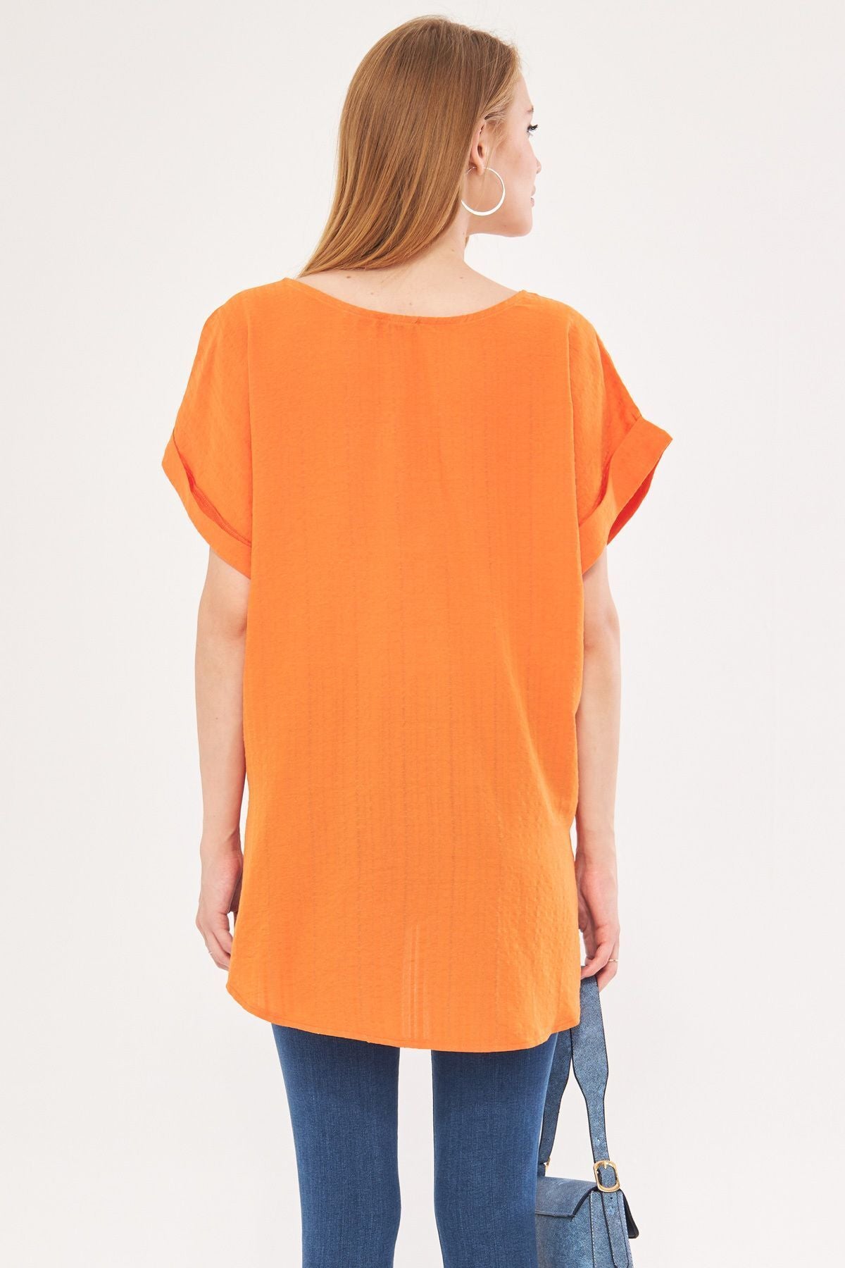 Women's Orange V-Neck Sides with Slit Long Dual Arm Detailed Oversize Blouse ARM-24Y001074