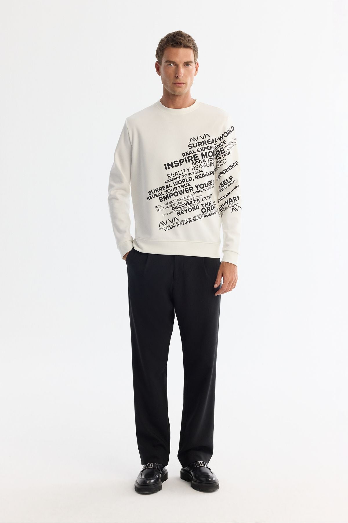 Male Ecru Bicycle Collar Printed Elastan Sweatshirt A42Y1285