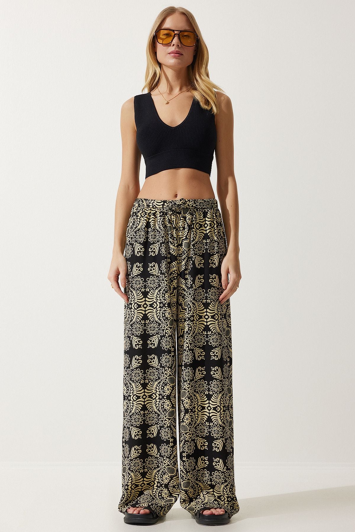 Female Black Beige Patterned Raw Linen Palazzo Pants BH00397
