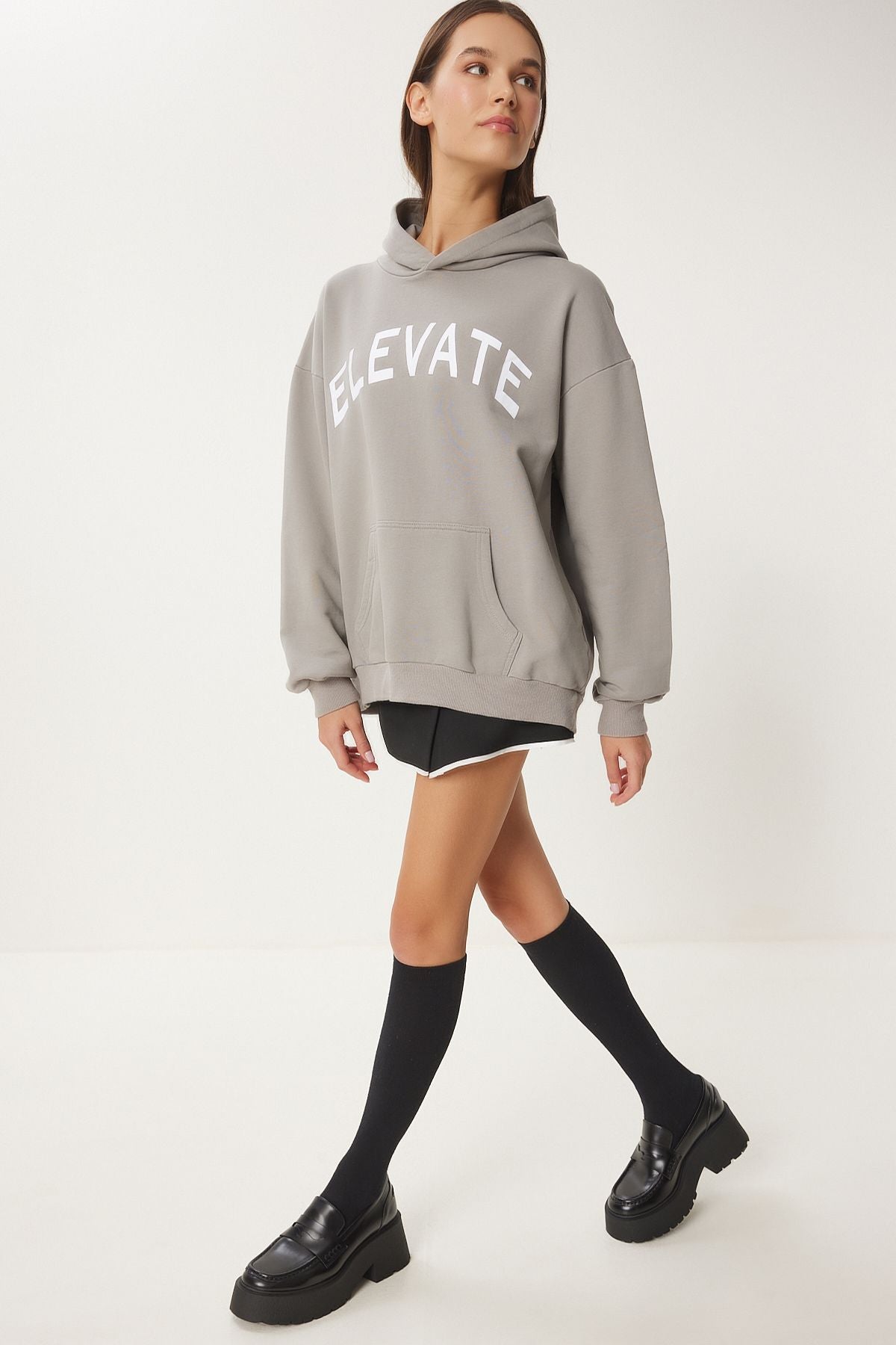 Women's gray hooded printed oversiz knitting sweatshirt ce00095
