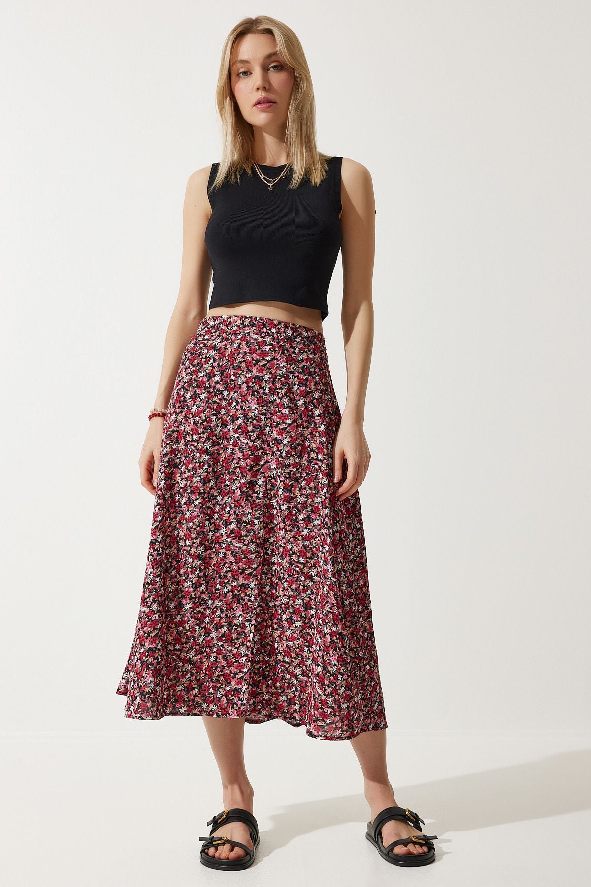 Woman Red Black Flower Swittish Summer Viscose Skirt MX00165