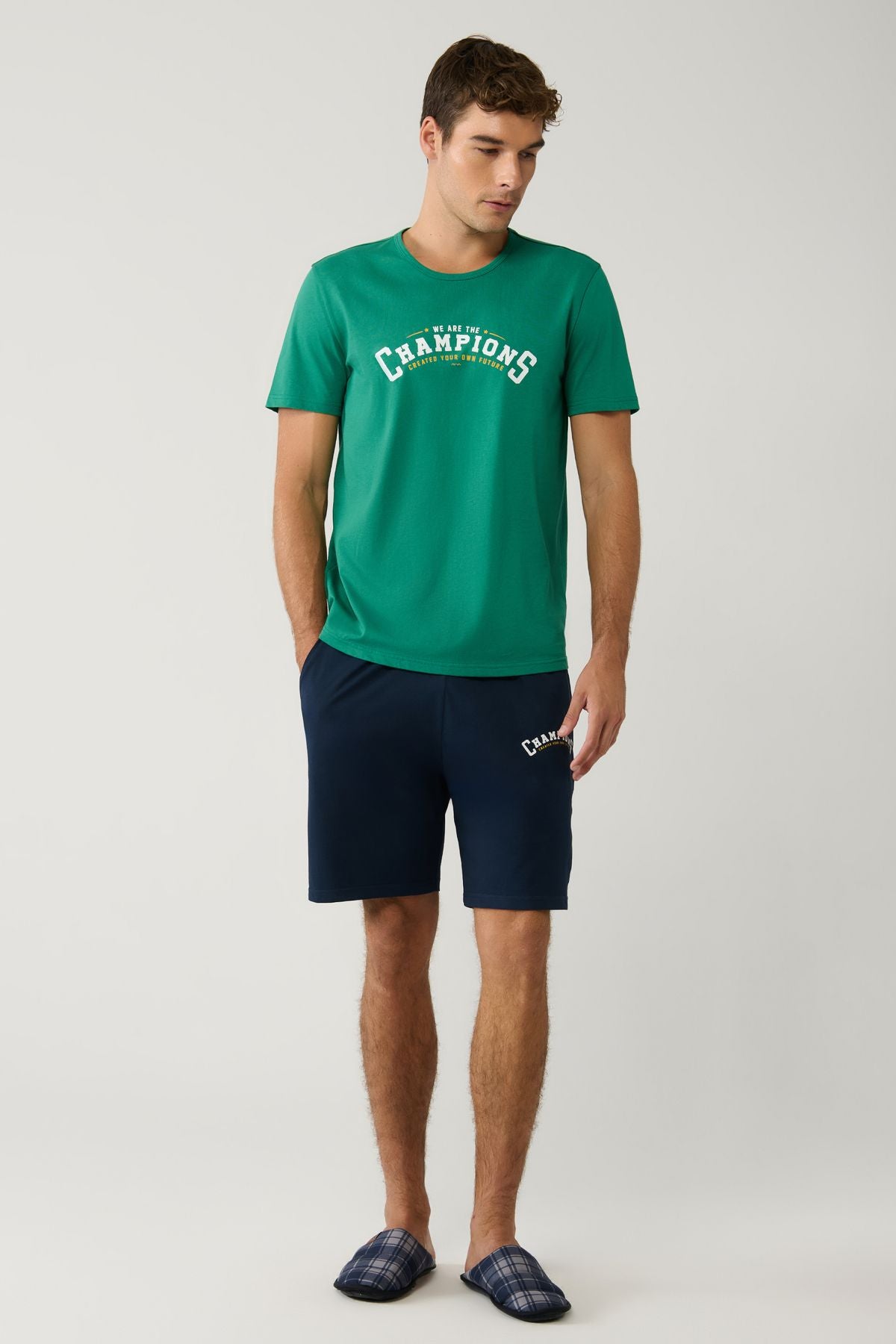 Men's Green Bicycle Collar 100 %Cotton Shorts Special Box Pajama Set E003301