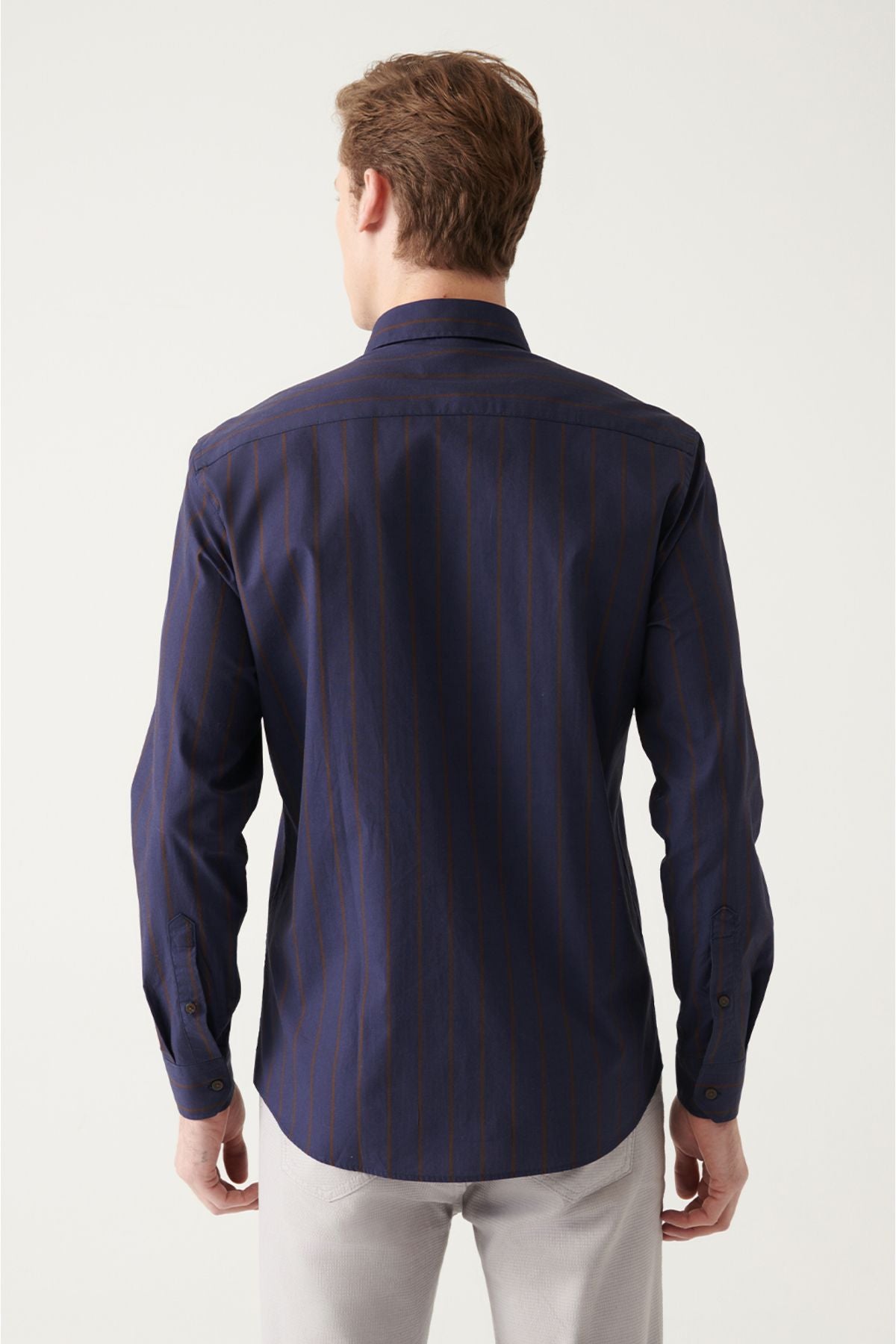 Men's Navy Blue Poplin 100 %Cotton Striped Shirt A31y2002